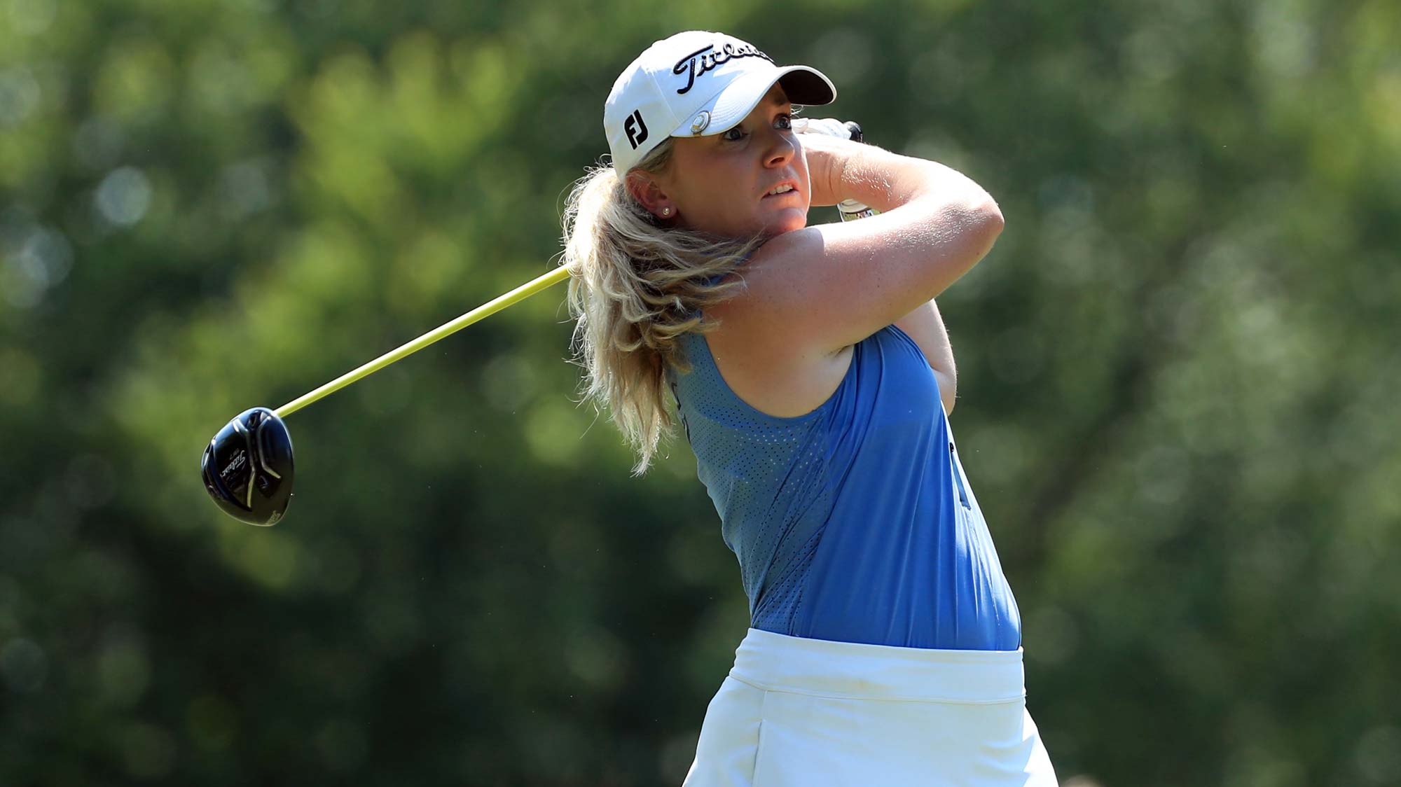 Bronte Law of England hits her tee shot on the third hole during the final round of the Pure Silk Championship