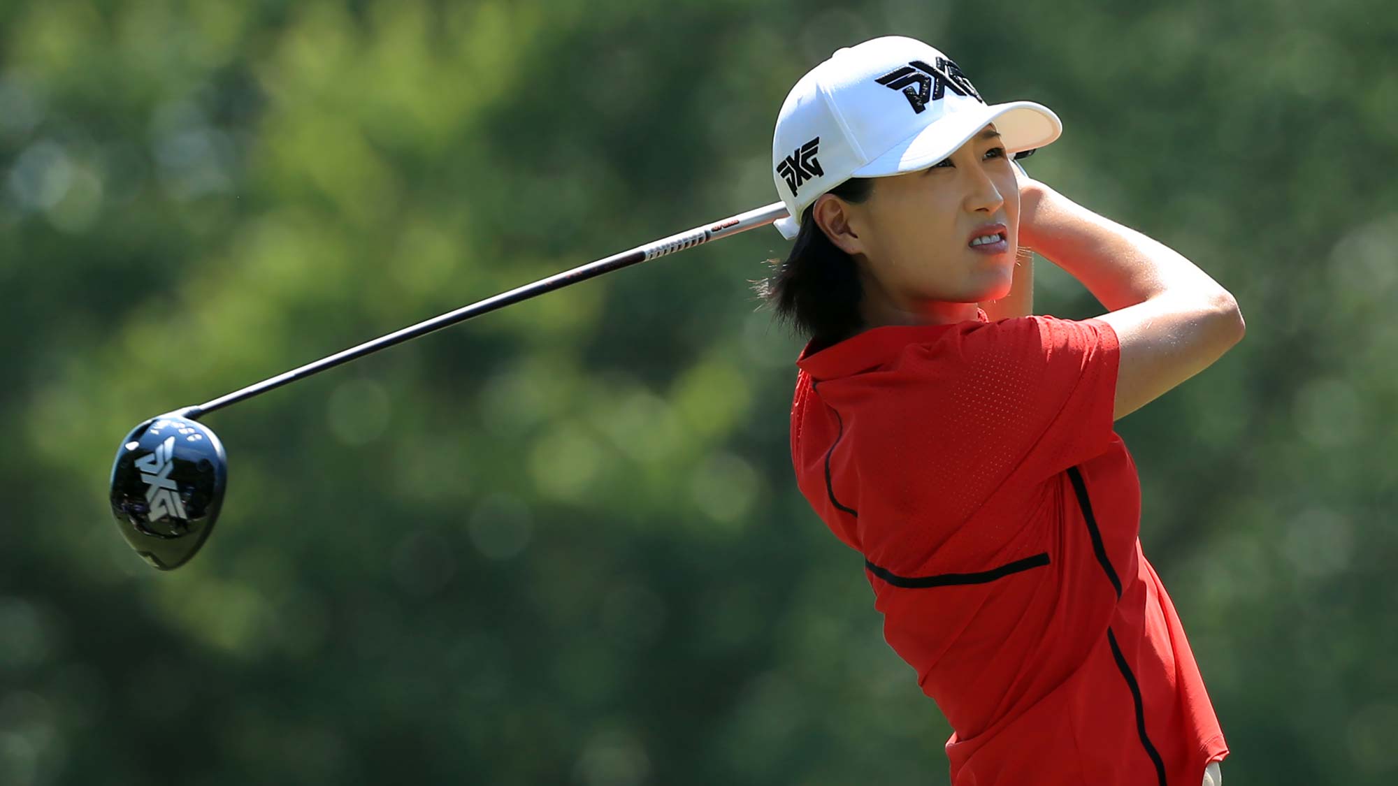 Jennifer Song hits her tee shot on the third hole during the final round of the Pure Silk Championship 