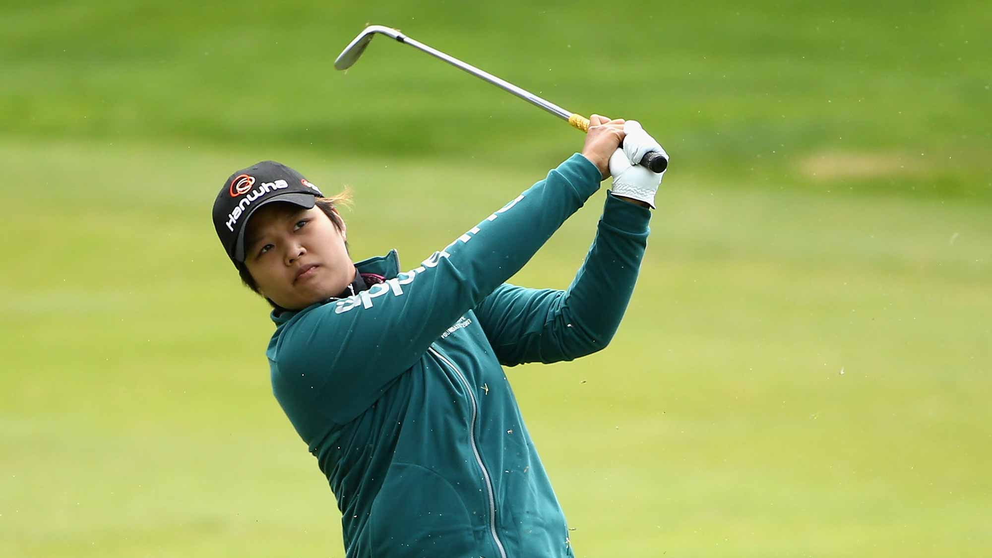 Haru Nomura of Japan hits her second shot on the second hole during round two of the Swinging Skirts LPGA Classic at Lake Merced Golf Club