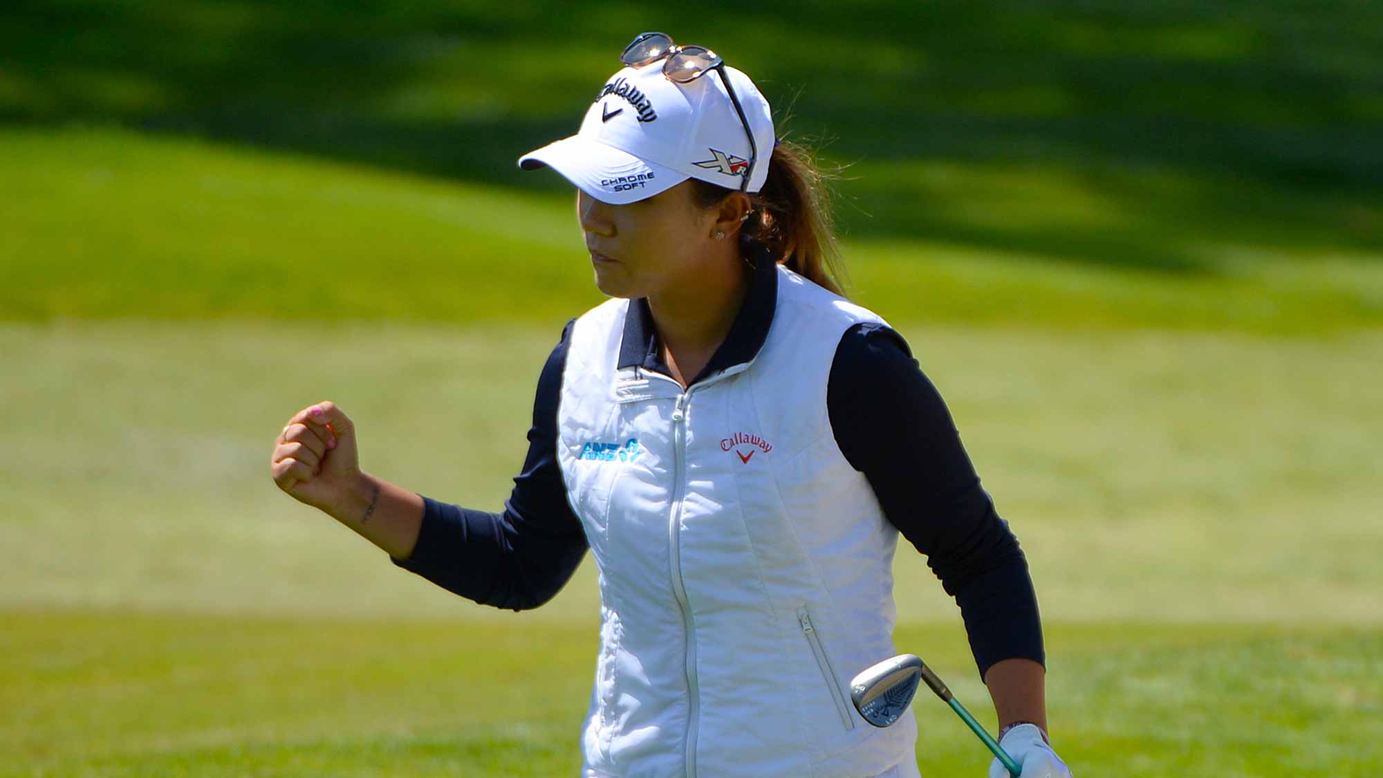 Lydia Ko of New Zealand celebrates a chip shot for a birdie on the fourth hole during round three of the Swinging Skirts LPGA Classic presented by CTBC at the Lake Merced Golf Club