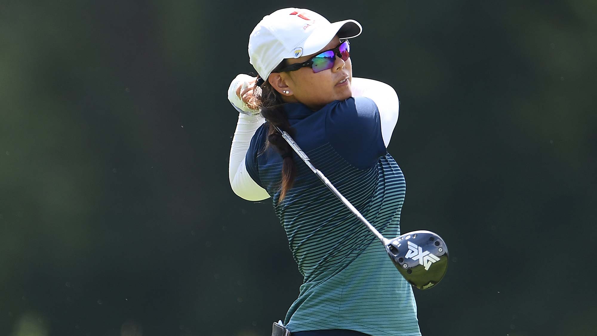 Mina Harigae hits her tee shot on the 13th hole during the second round of the Thornberry Creek LPGA Classic 