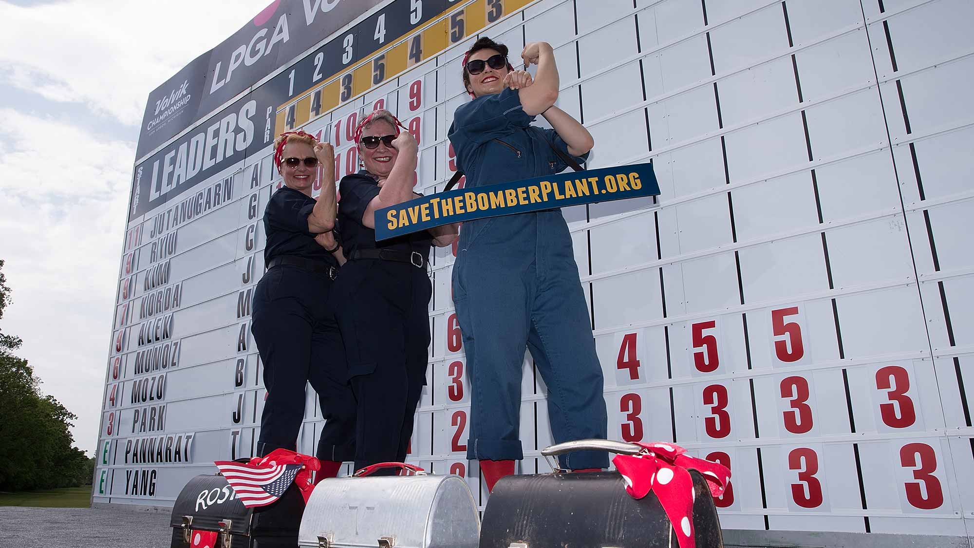 Rosie the Riveter representing the American women workers help out on the scoreboard during the third round of the LPGA Volvik Championship