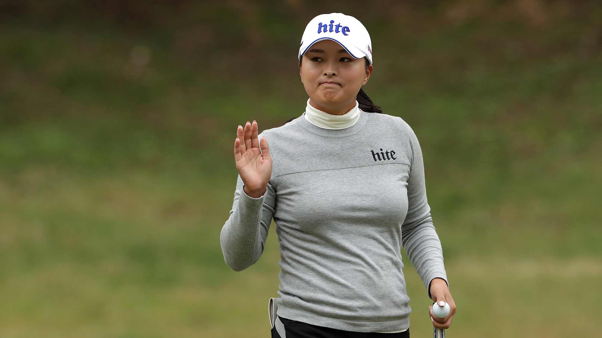 Jin Young Ko of South Korea acknowledges the gallery on the seven hole during Round 1 of 2019 BMW Ladies Championship at LPGA International Busan at on October 24, 2019 in Busan, Republic of Korea