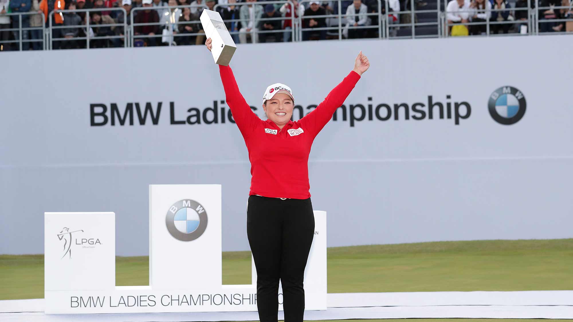 Ha Na Jang of the Republic of Korea poses for media as she with the trophy after winning the final Round of 2019 BMW Ladies Championship at LPGA International Busan on October 27, 2019 in Busan, Republic of Korea
