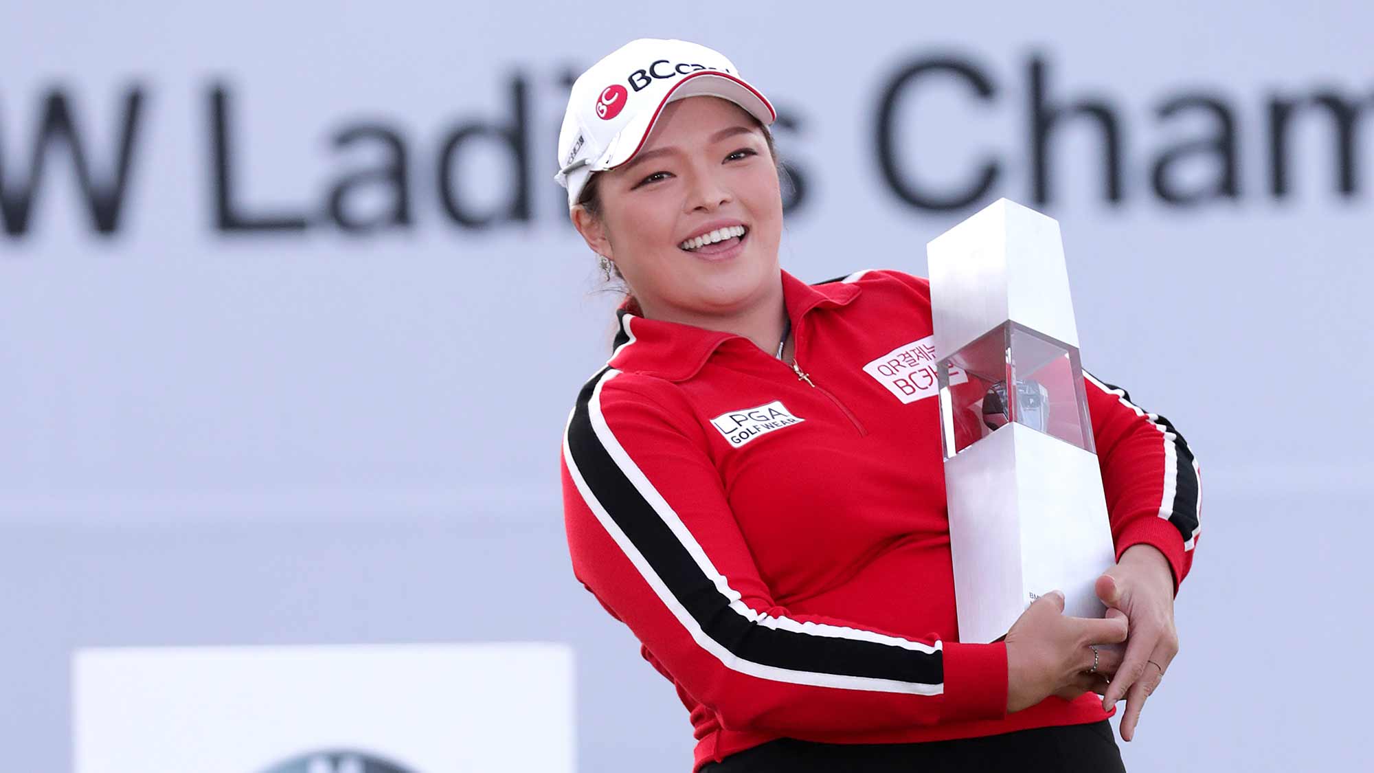 Ha Na Jang of the Republic of Korea poses for media as she with the trophy after winning the final Round of 2019 BMW Ladies Championship at LPGA International Busan on October 27, 2019 in Busan, Republic of Korea