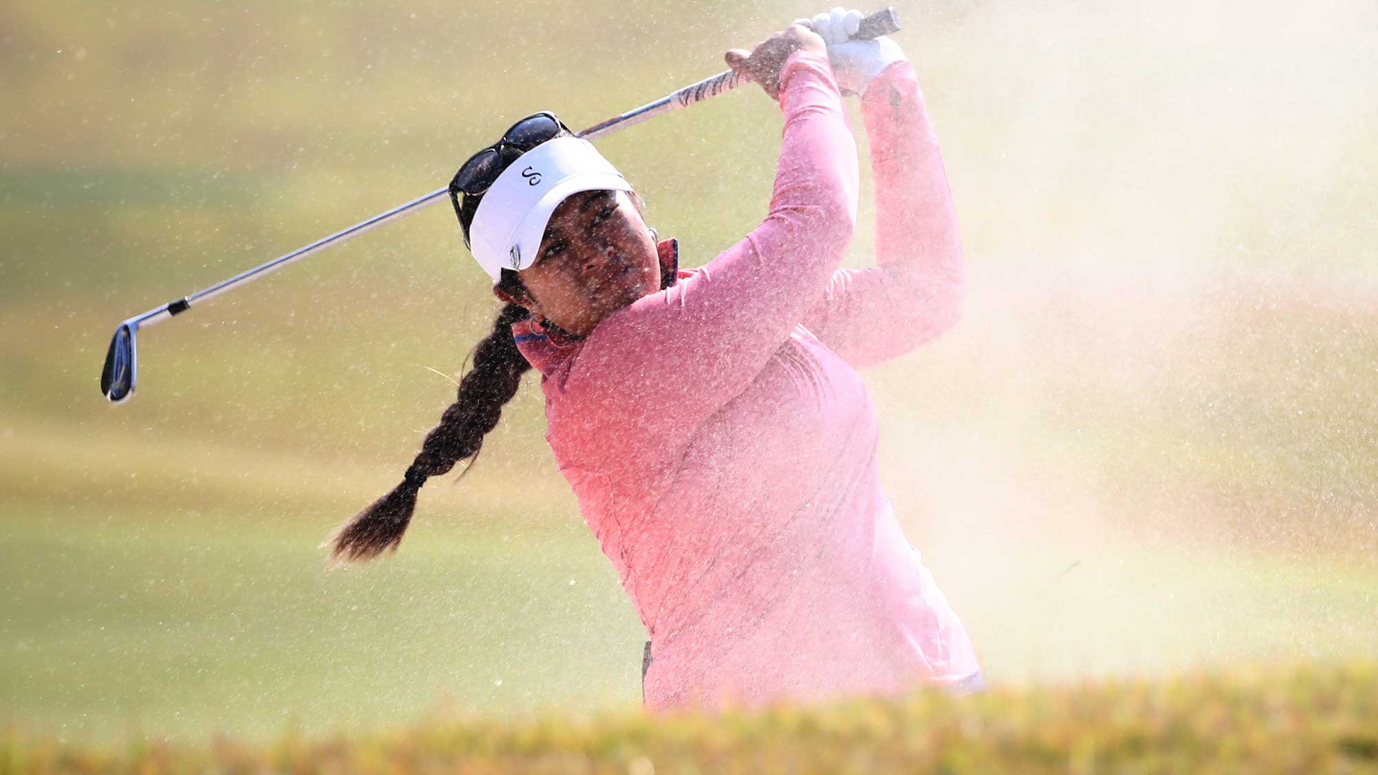 Lilia Vu of the United States plays her second shot out of a bunker on the ninth fairway during the third round of the BMW Ladies Championship