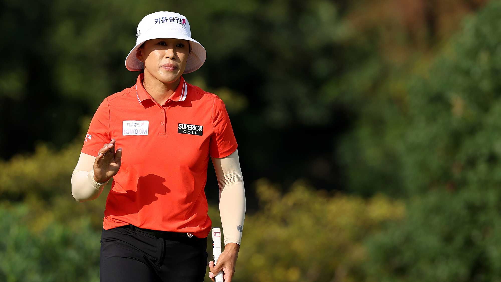 Amy Yang of South Korea reacts after sinking a putt on the 16th green during the third round of the Buick LPGA Shanghai 2026 at Sheshan Golf Club on October 17, 2026 in Shanghai, China.