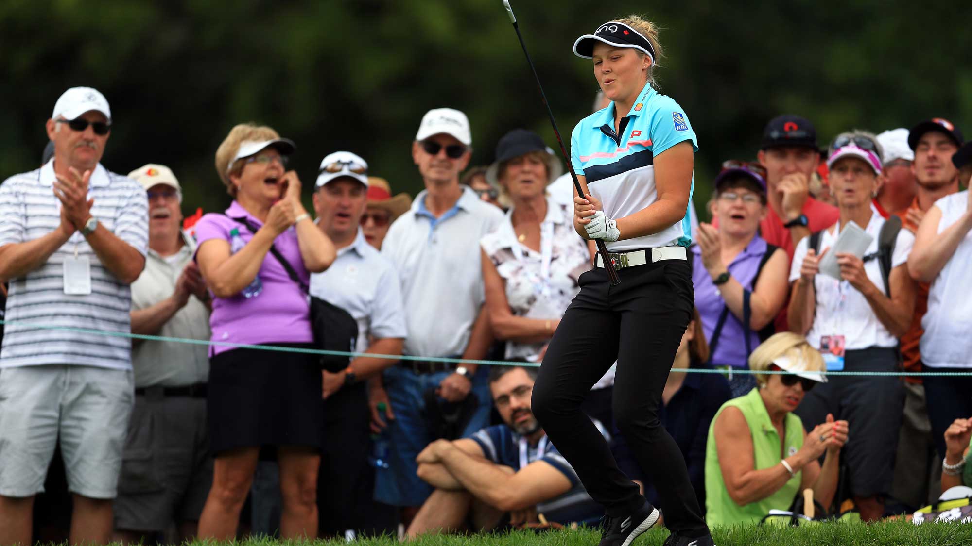Brooke Henderson of Canada reacts after coming close to sinking a putt on the 3rd green during the final round of the Canadian Pacific Women's Open
