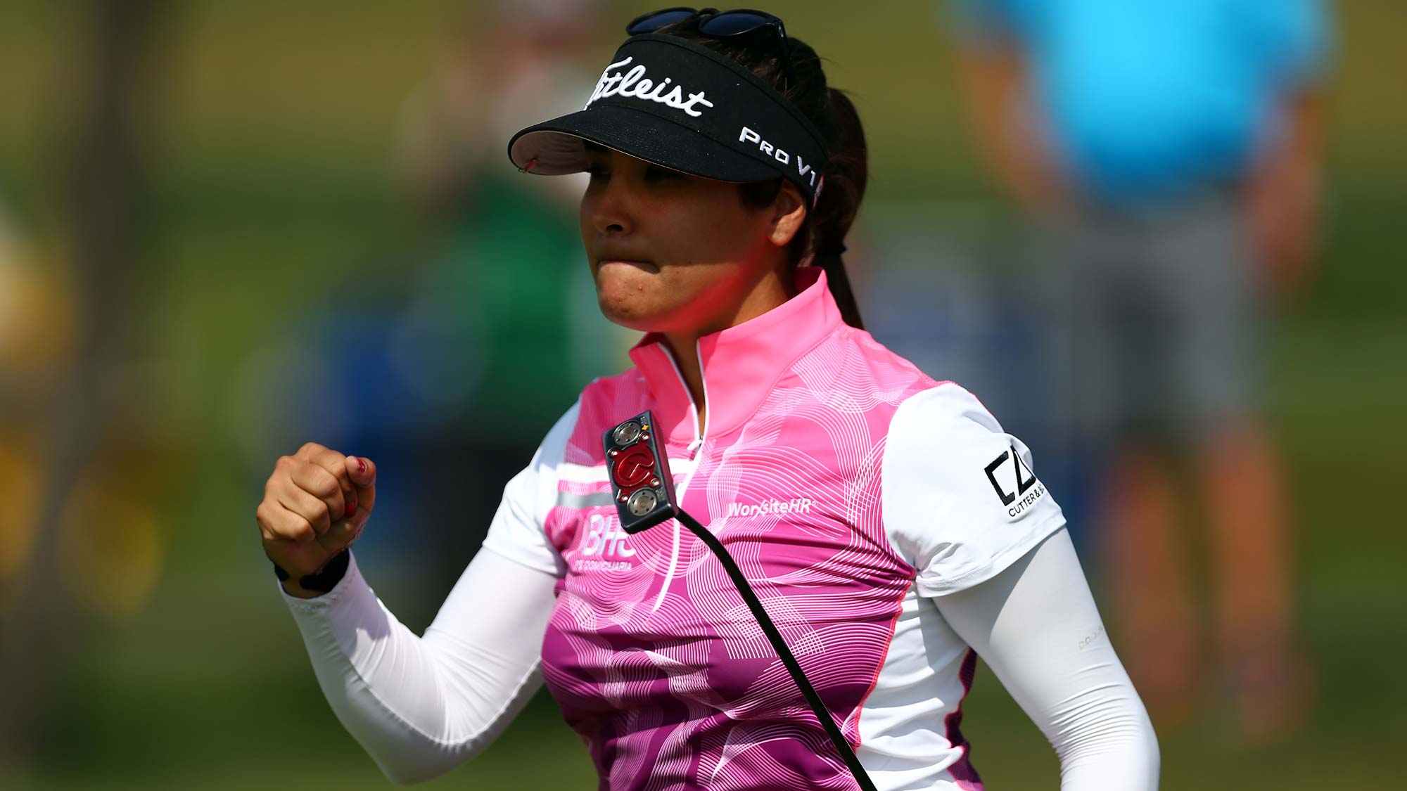 Mariajo Uribe of Colombia reacts after sinking a long put on the ninth green during the first round of the CP Womens Open