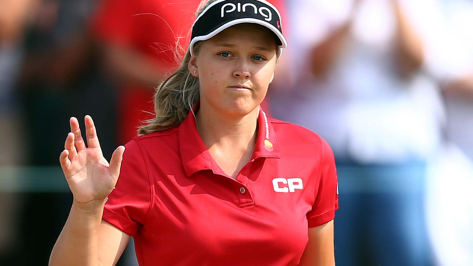 Brooke Henderson of Canada reacts to fans applause on the 17th hole during the second round of the CP Womens Open