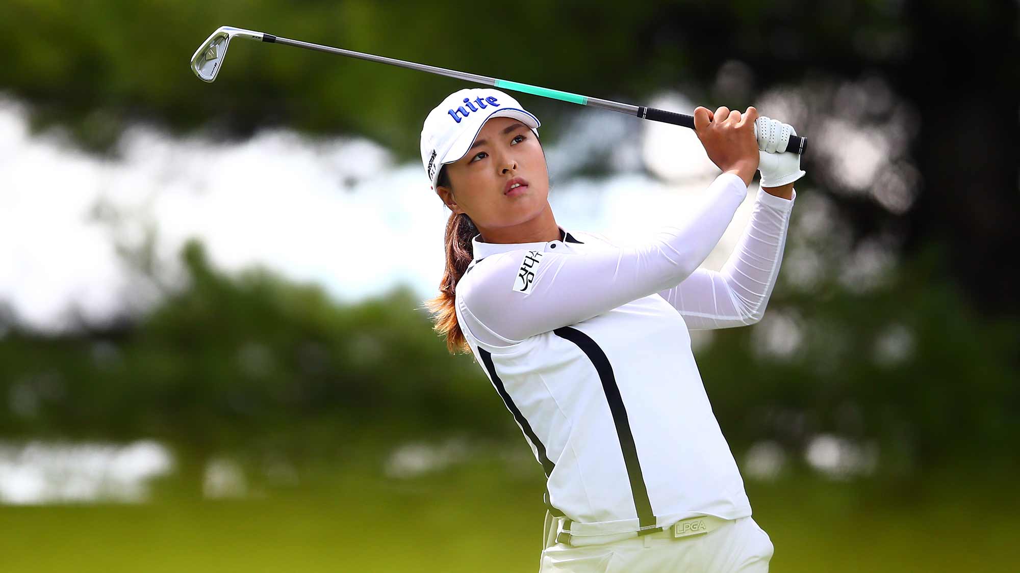 Jin Young Ko of Korea hits her tee shot on the 2nd hole during the final round of the CP Women's Open at Magna Golf Club on August 25, 2019 in Aurora, Canada