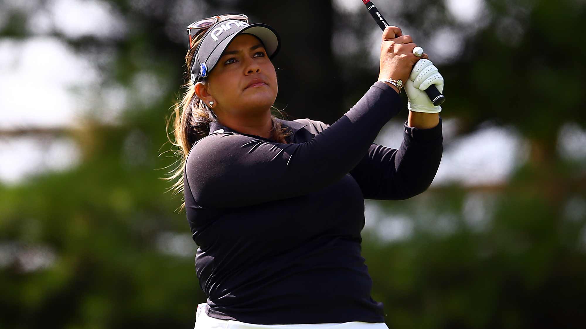  Lizette Salas of the United States hits her tee shot on the 2nd hole during the final round of the CP Women's Open at Magna Golf Club on August 25, 2019 in Aurora, Canada