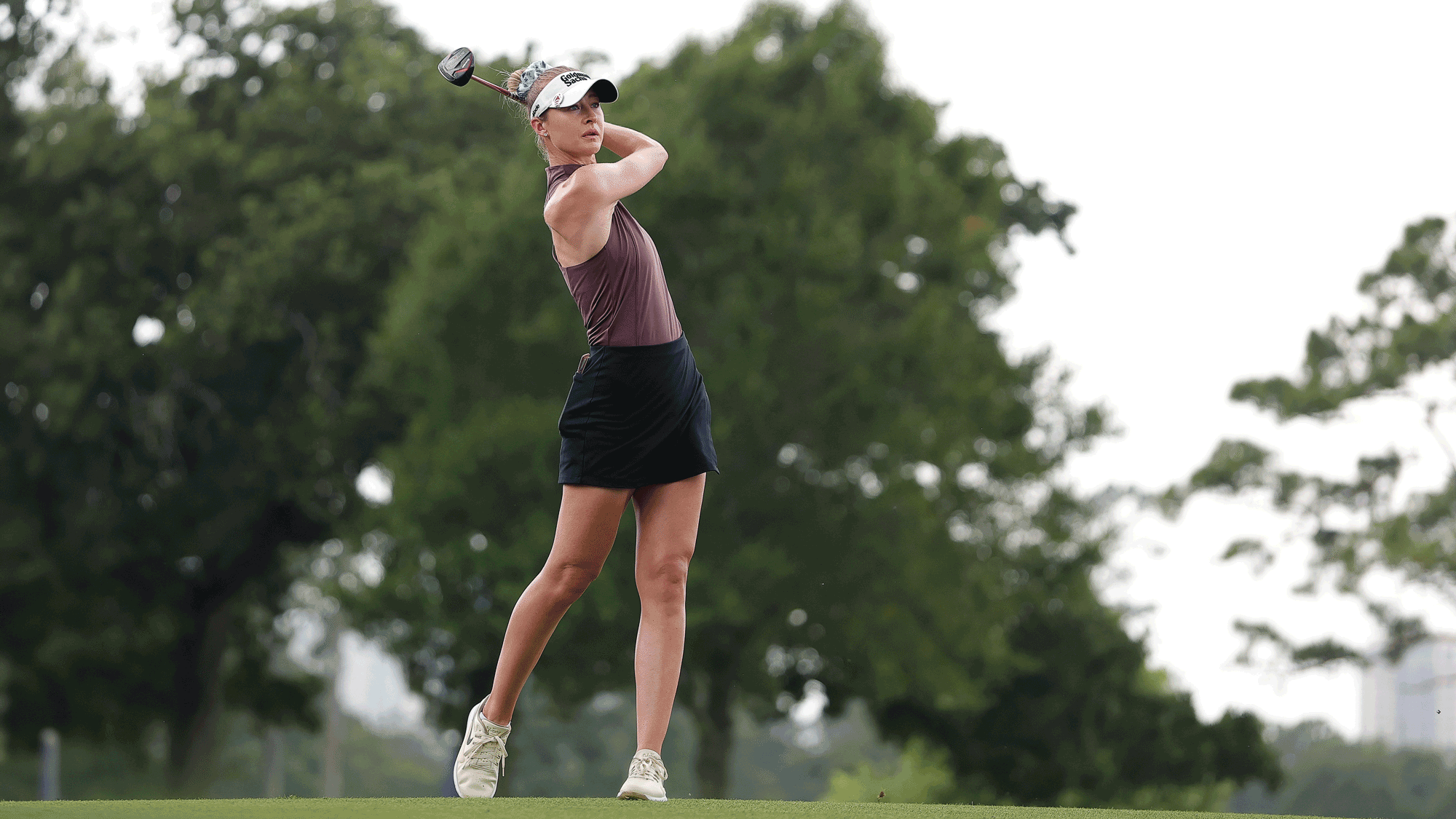 Nelly Korda of the United States plays a shot on the eighth hole during the final round of The Chevron Championship 2026 at Memorial Park Golf Course on April 26, 2026 in Houston, Texas.