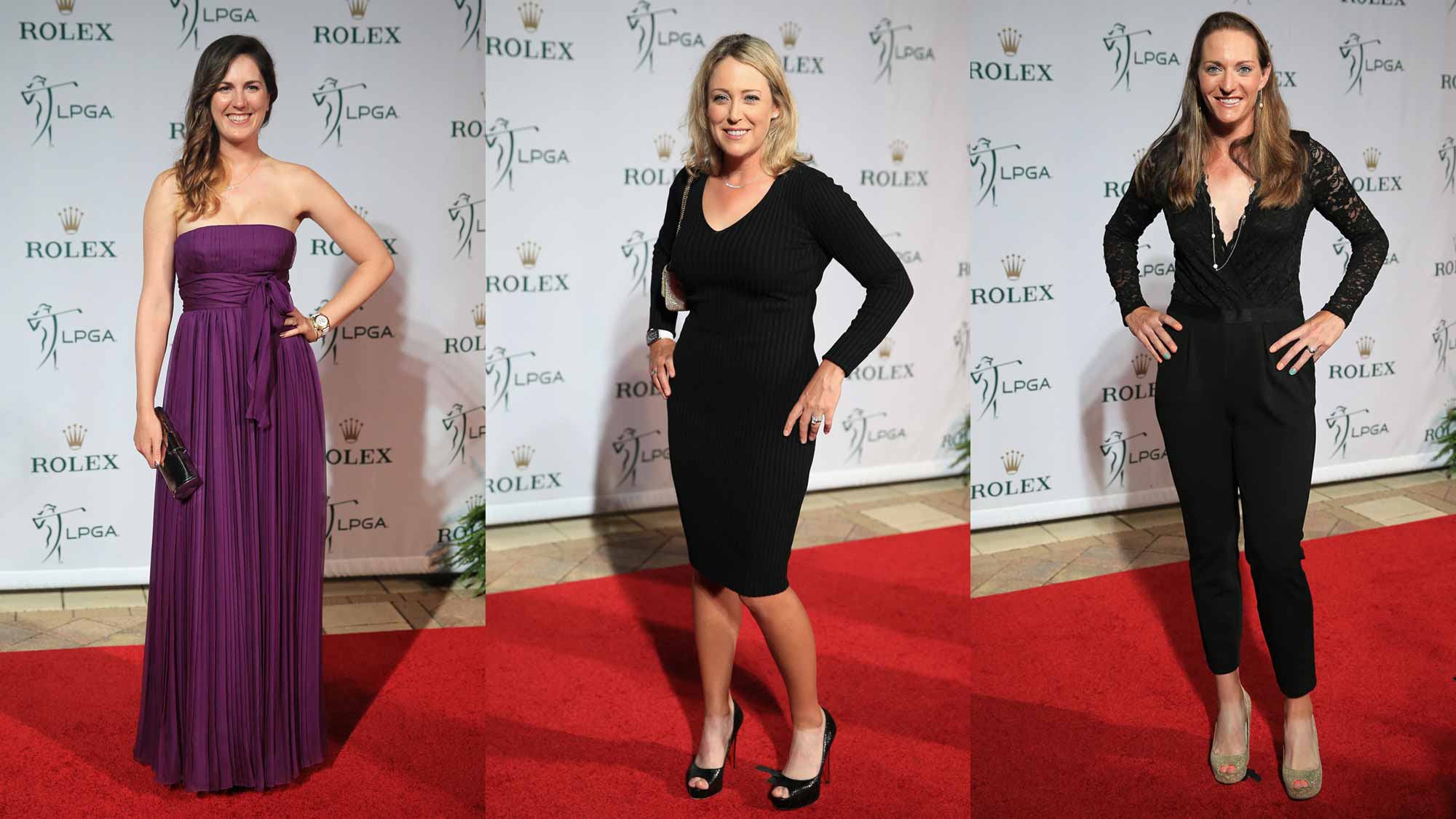 Left to Right: Sanra Gal, Cristie Kerr, and Brittany Lang pose on the red carpet before the LPGA Rolex Players Awards at the Ritz-Carlton, Naples