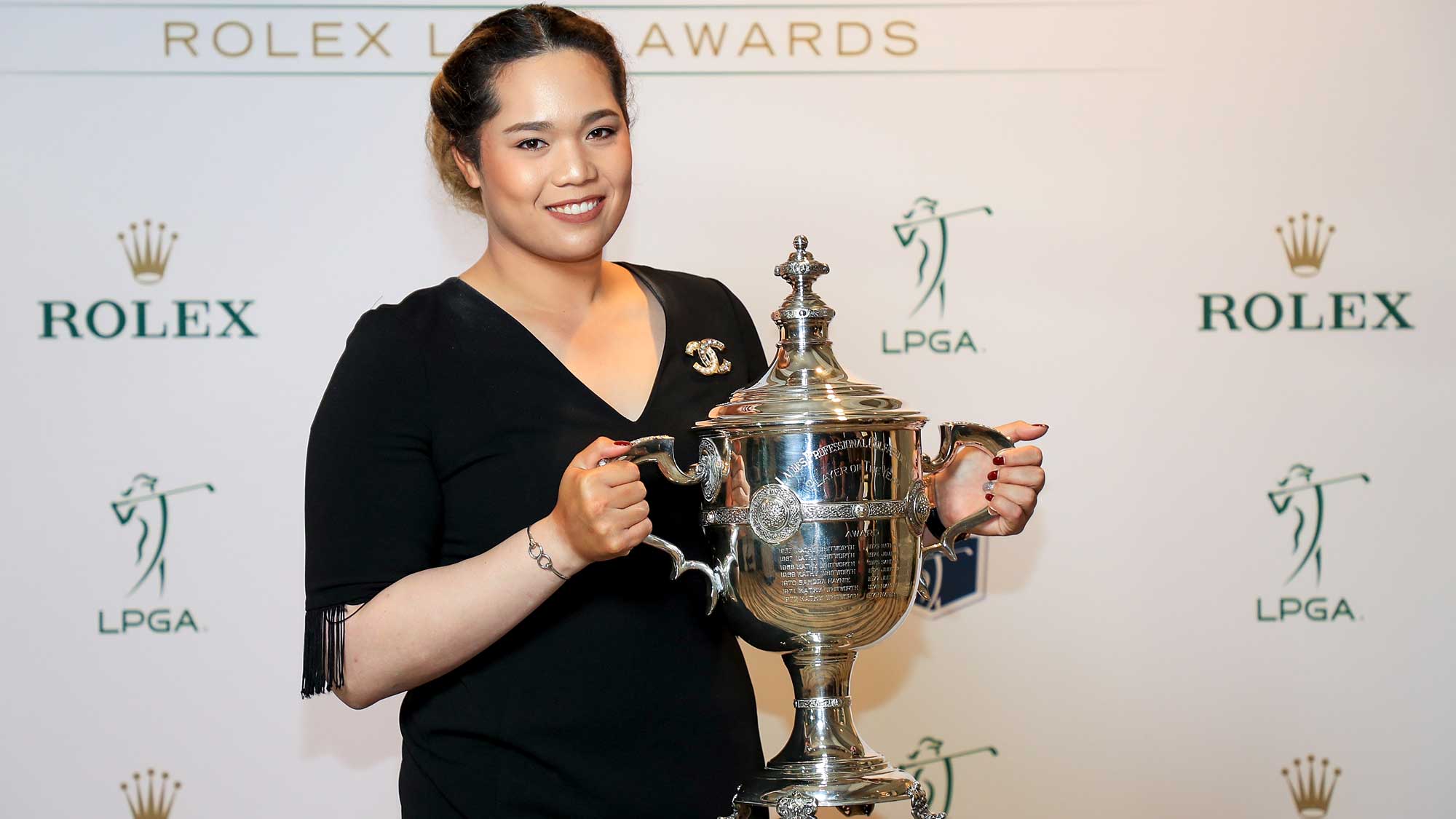 Ariya Jutanugarn of Thailand poses with the Rolex Player of the Year trophy after the LPGA Rolex Players Awards at the Ritz-Carlton Golf Resort
