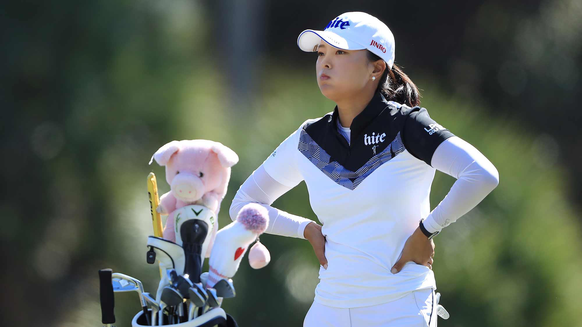 Jin Young Ko of Korea looks on after playing her shot from the third tee during the first round of the CME Group Tour Championship at Tiburon Golf Club on November 21, 2019 in Naples, Florida