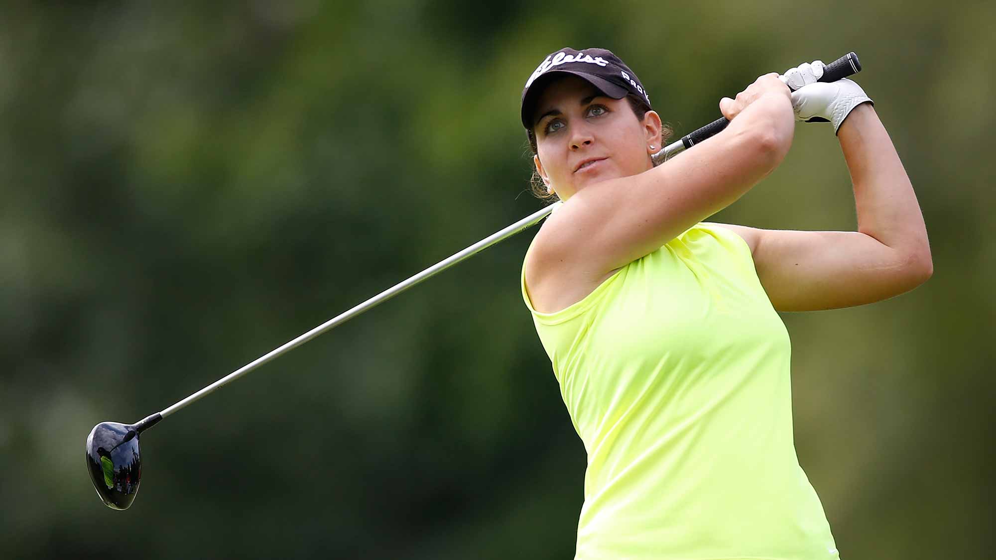 Nannett Hill watches her tee shot on the 15th hole hole during the first round of the Marathon Classic presented by Owens Corning and O-I at Highland Meadows Golf Club