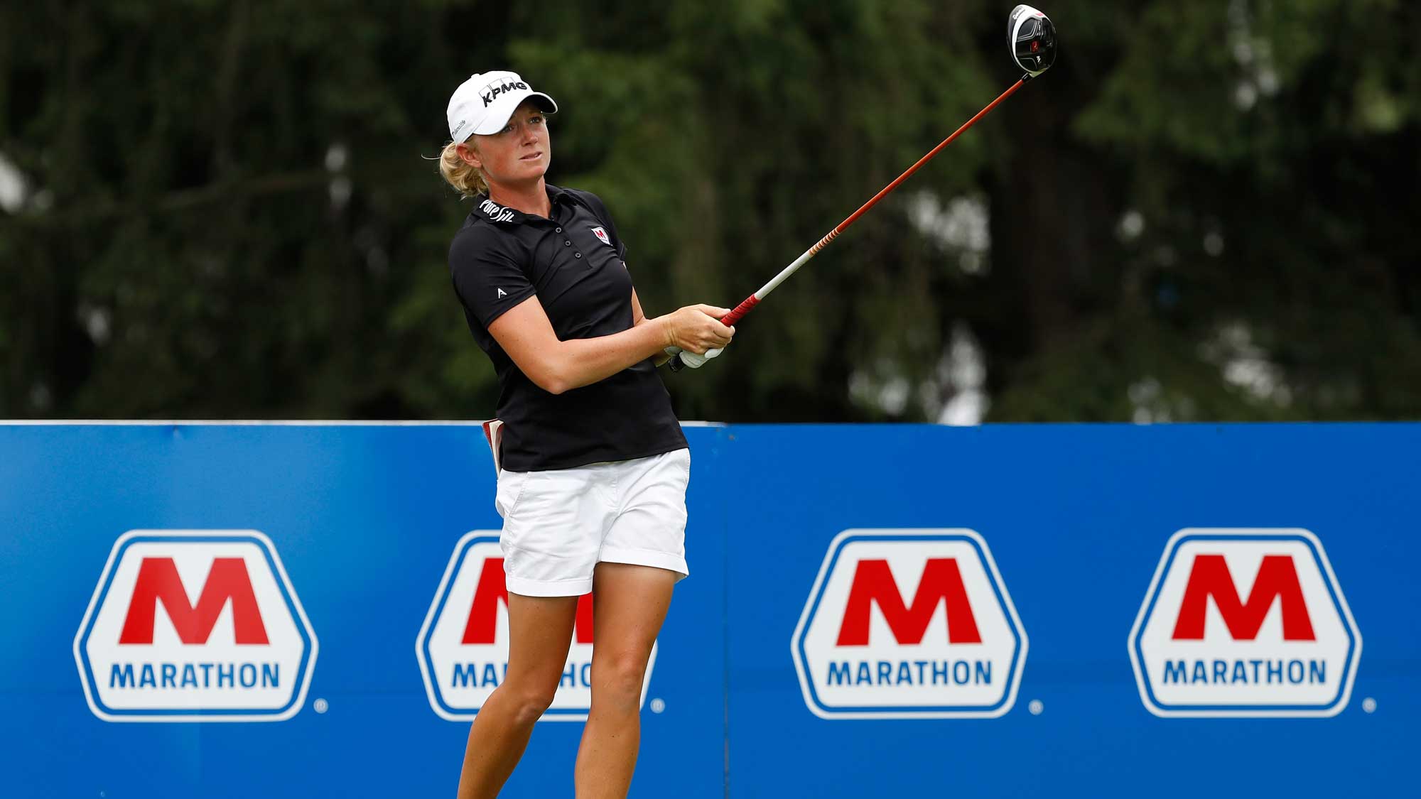 Stacy Lewis hits her drive on the 18th hole during the third round of the Marathon Classic presented by Owens Corning and O-I 