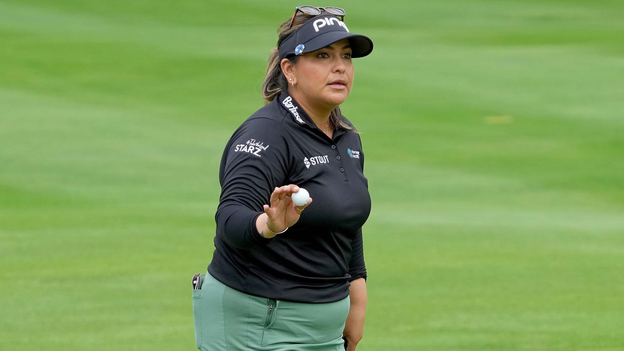 Lizette Salas of the United States reacts after making birdie on the eighth green during the final round of the Dow Great Lakes Bay Invitational