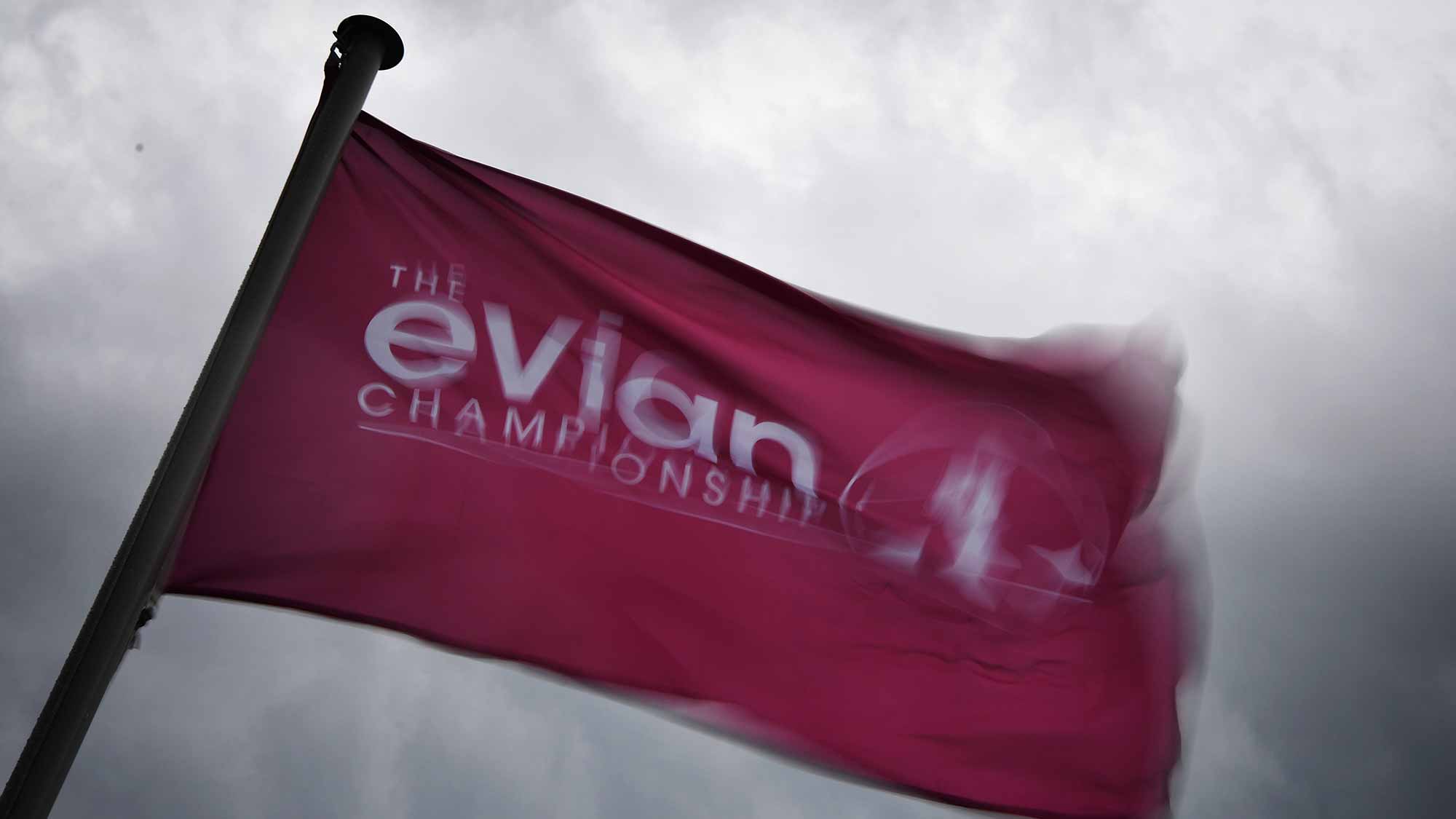 A flag flies in the strong wind during the first round of The Evian Championship