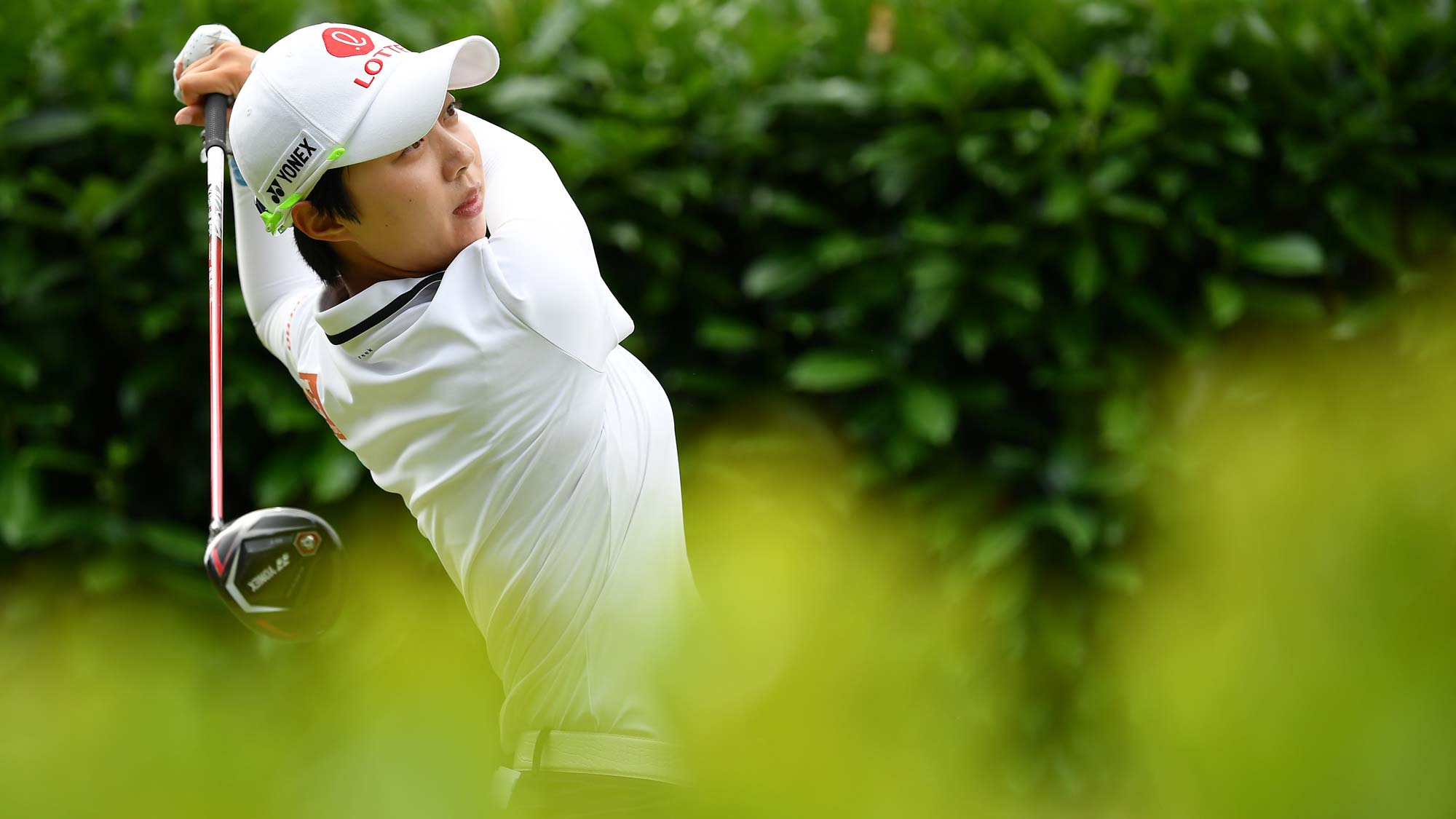 Hyo Joo Kim of Korea plays a shot oduring day 3 of the Evian Championship