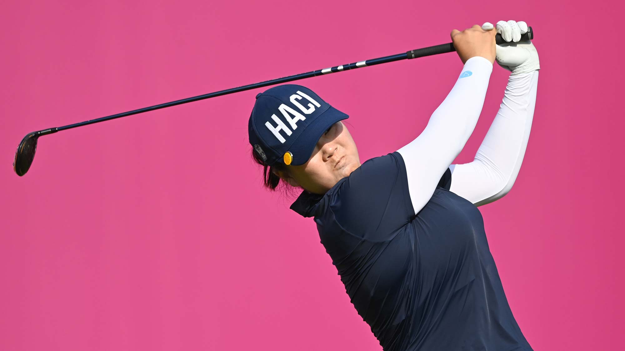 Angel Yin of USA plays her tee shot on the first hole during day three of the The Amundi Evian Championship