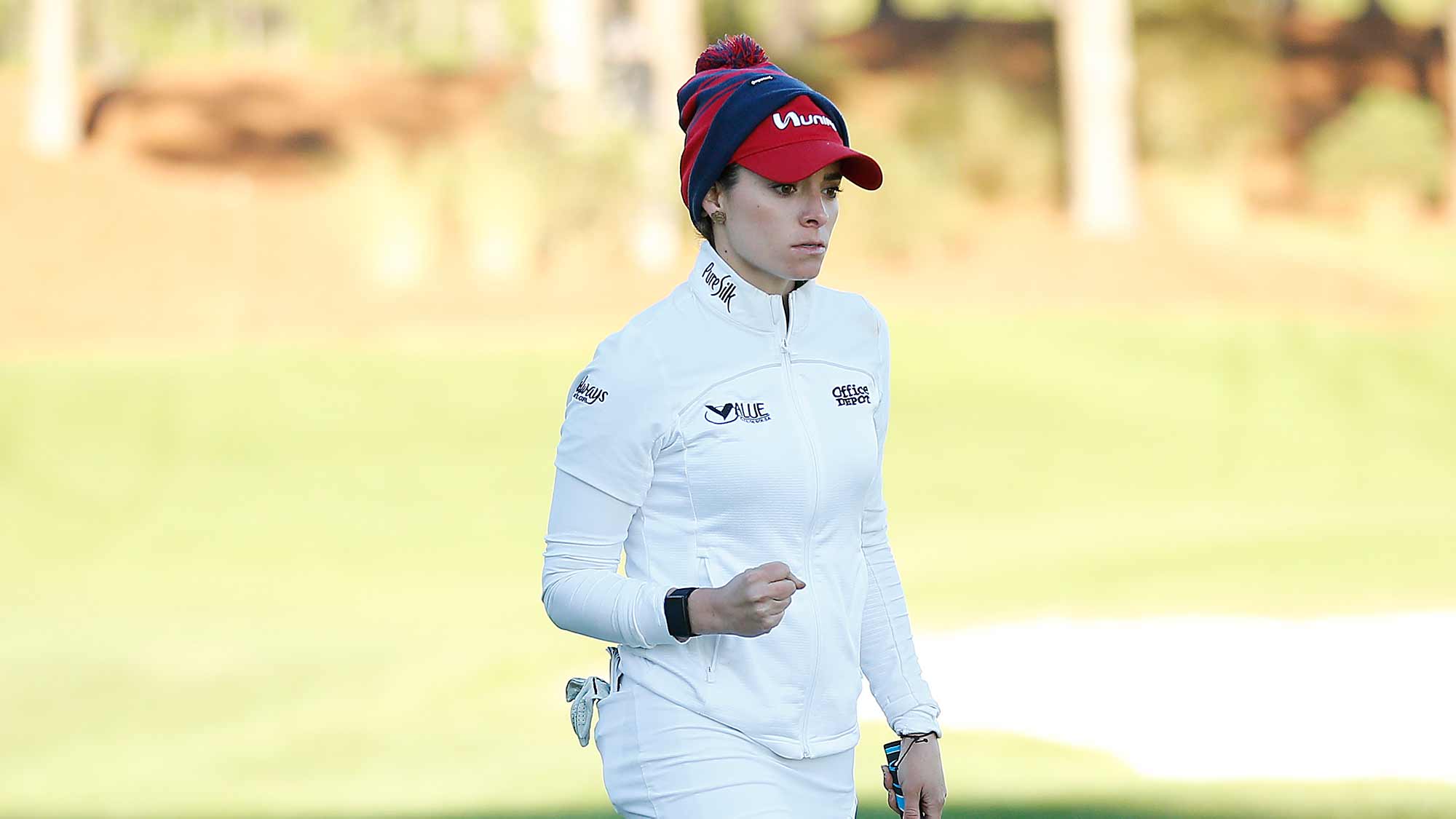 Gaby Lopez of Mexico reacts after a making a putt in the seventh playoff hole during the continuation of the final round to win the Diamond Resorts Tournament of Champions at Tranquilo Golf Course at Four Seasons Golf and Sports Club Orlando on January 20, 2020 in Lake Buena Vista, Florida