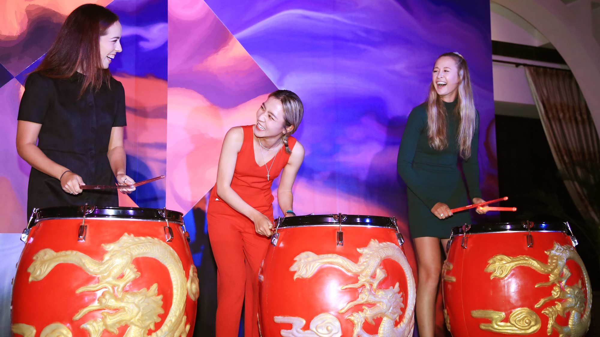 Georgia Hall of England, Lydia Ko of New Zealand and Nelly Korda of the United States attend a welcome dinner prior to the HSBC Women's World Championship at Sentosa Golf Club on February 26, 2019 in Singapore.
