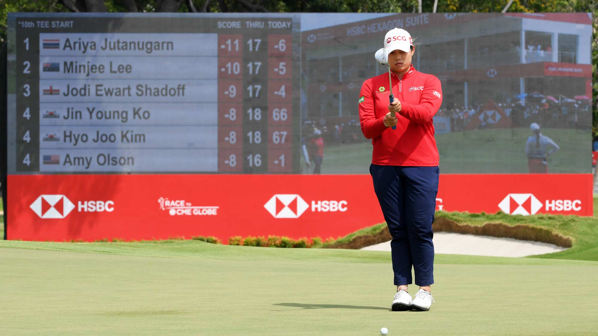 Ariya Jutanugarn of Thailand lines up a putt on the 18th green during the third round of the HSBC Women's World Championship at Sentosa Golf Club on March 02, 2019 in Singapore