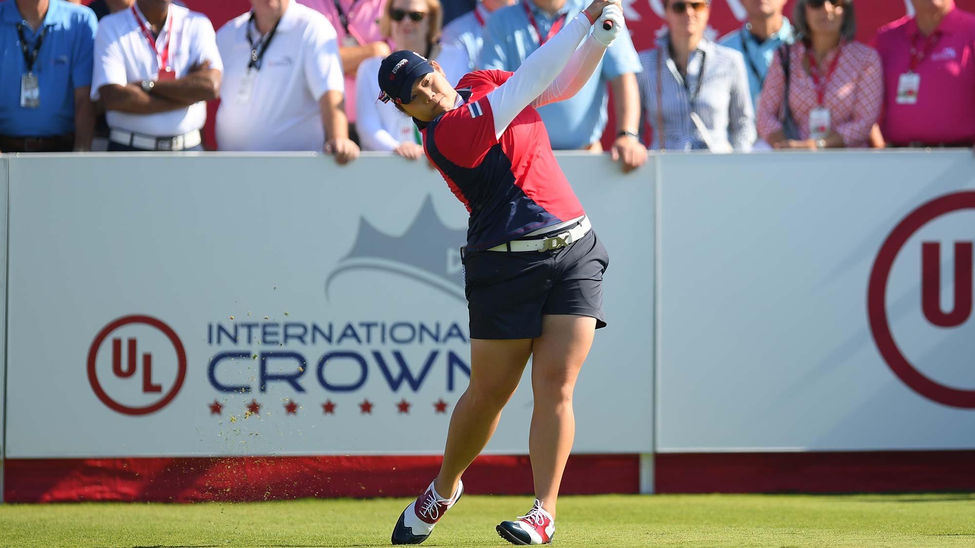 Ariya Jutanugarn of Thailand hits a tee shot on the first tee in the Pool B match between Japan and Thailand on day one of the UL International Crown