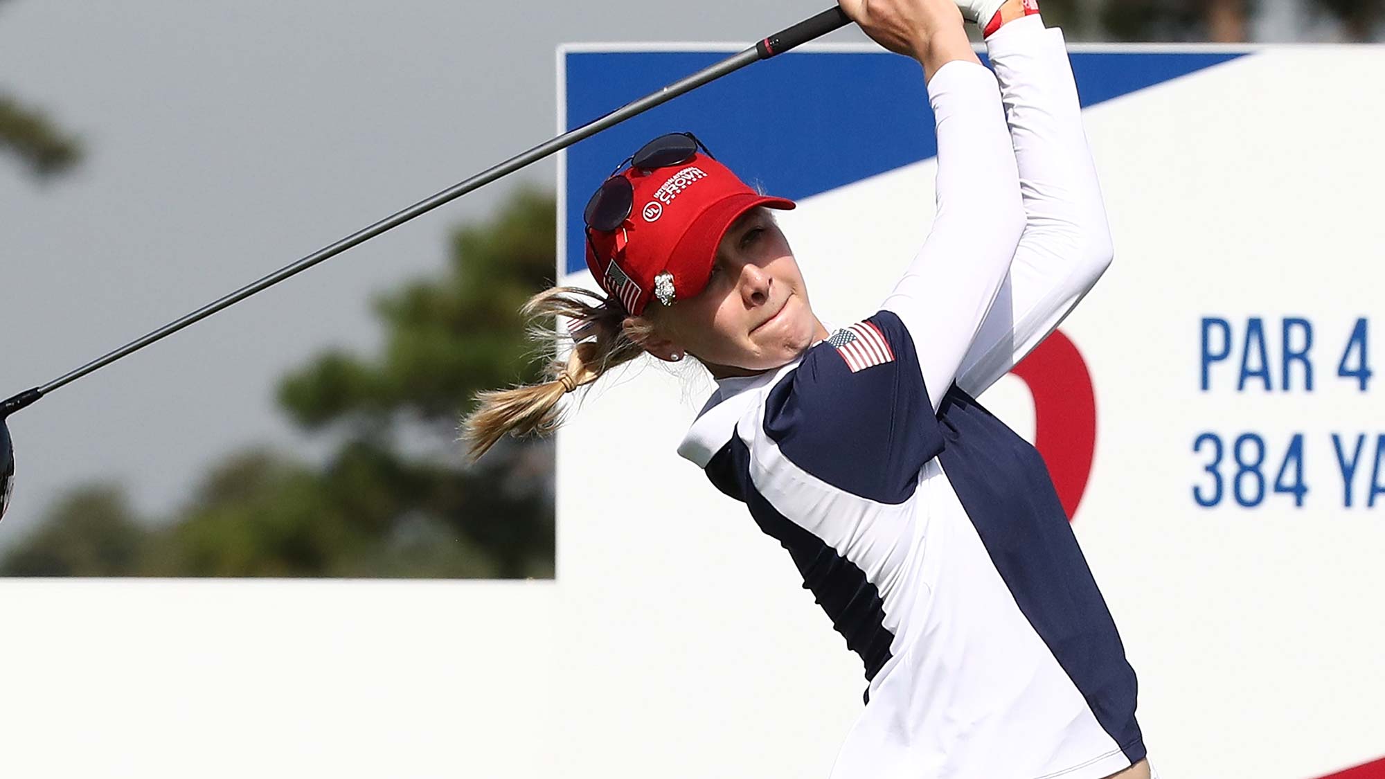 Jessica Korda of the United States hits a tee shot on the ninth hole in the Pool B match between United States and Sweden on day one of the UL International Crown