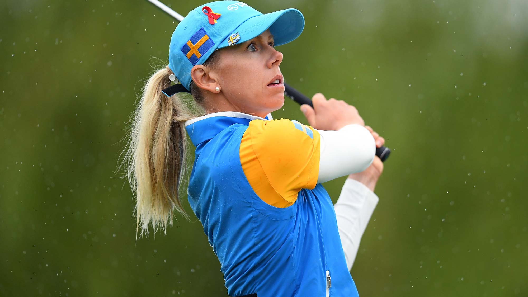 Pernilla Lindberg of Sweden hits a tee shot on the 5th hole in the Pool B match between Japan and Sweden on day two of the UL International Crown