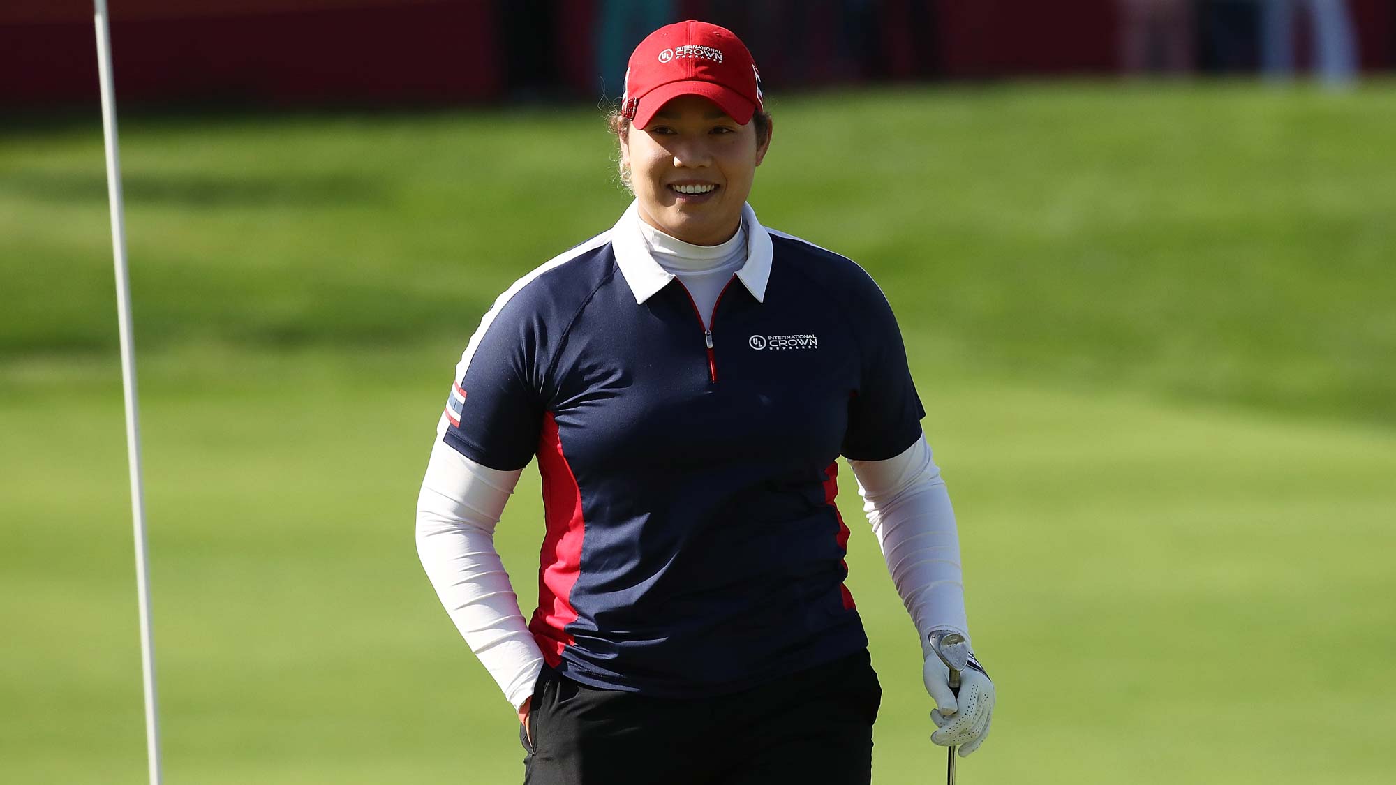 Ariya Jutanugarn of Thailand celebrates her chip-in eagle to win the Wild-Card Playoff on the 14th hole on day four of the UL International Crown
