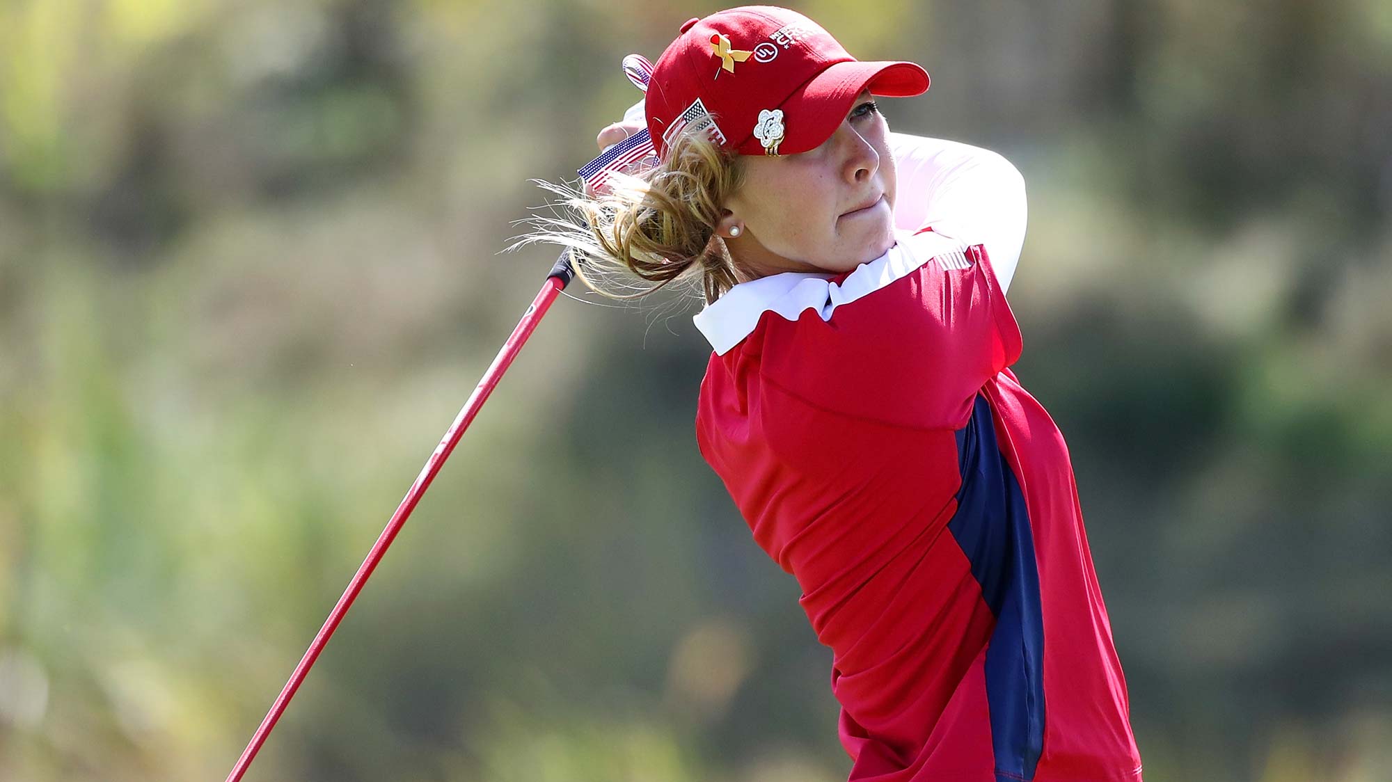 Jessica Korda of the United States hits a tee shot on the 4th hole during the Singles match against Madelene Sagstrom of Sweden on day four of the UL International Crown