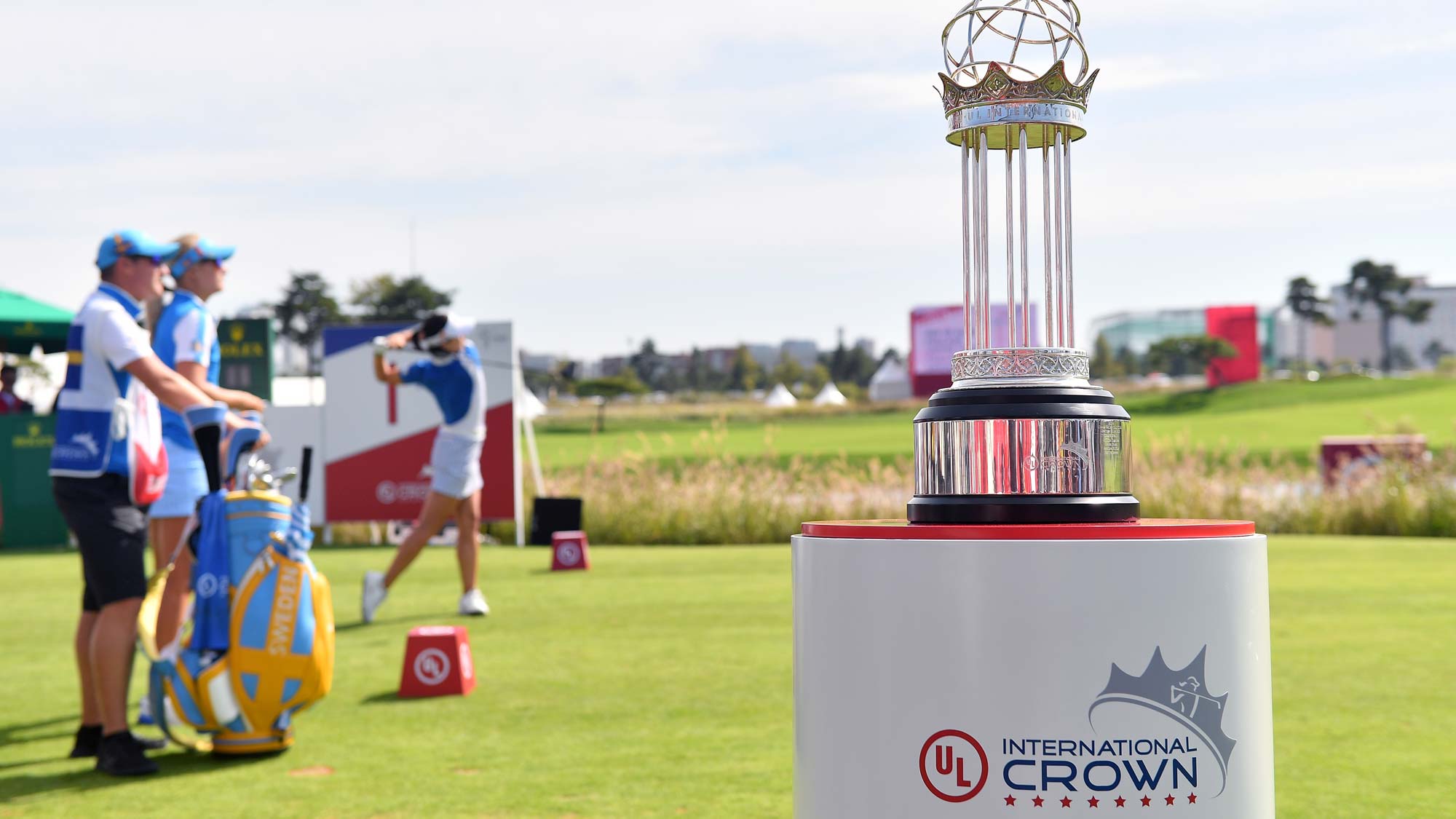 The UL International Crown trophy is displayed on the 1st tee on day four of the UL International Crown