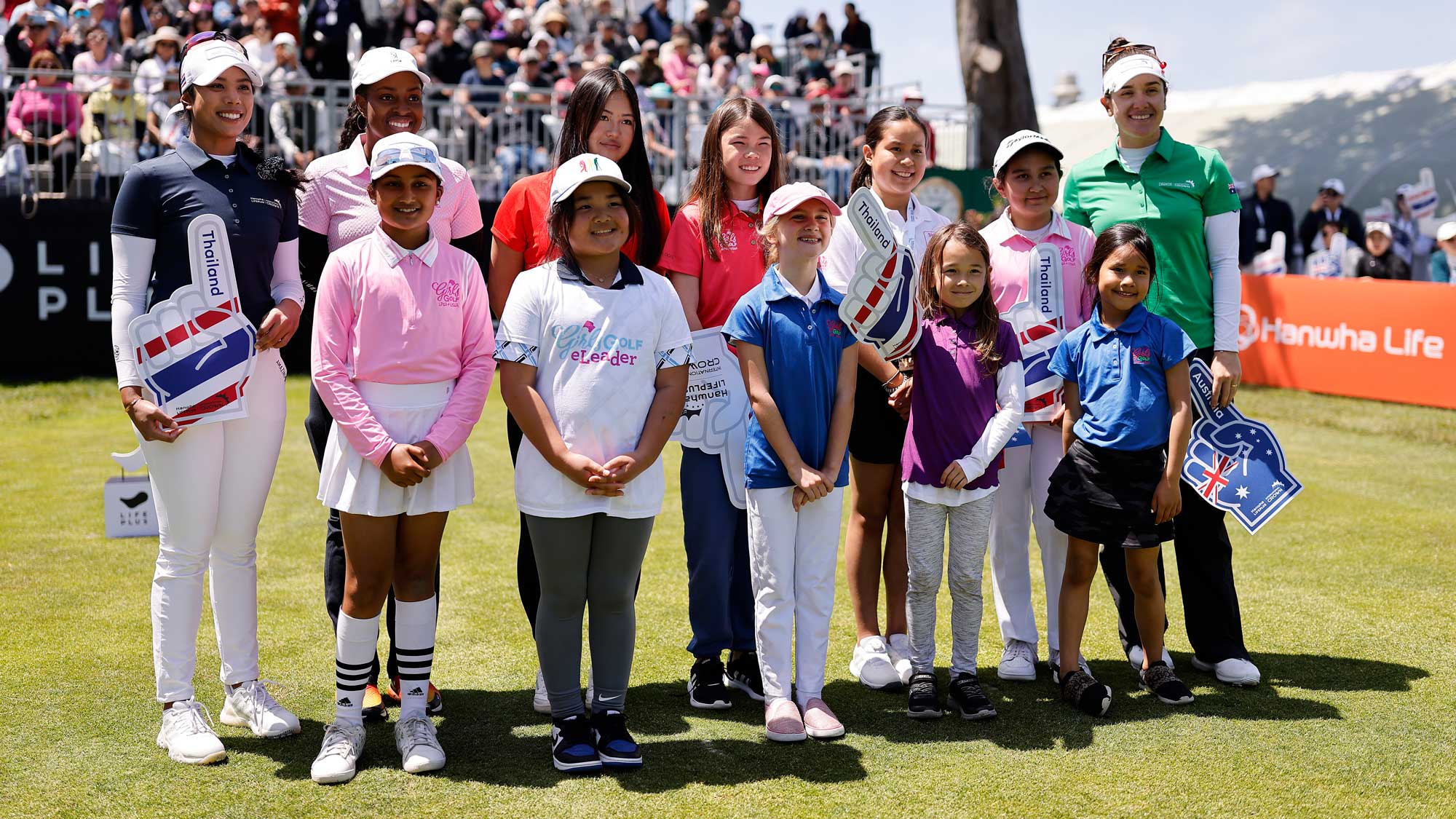 Patty Tavatanakit of Team Thailand (L) and Hannah Green of Team Australia (R) pose for a picture before their Championship match in the Hanwha LIFEPLUS International Crown at TPC Harding Park on May 7, 2023 in San Francisco, California.