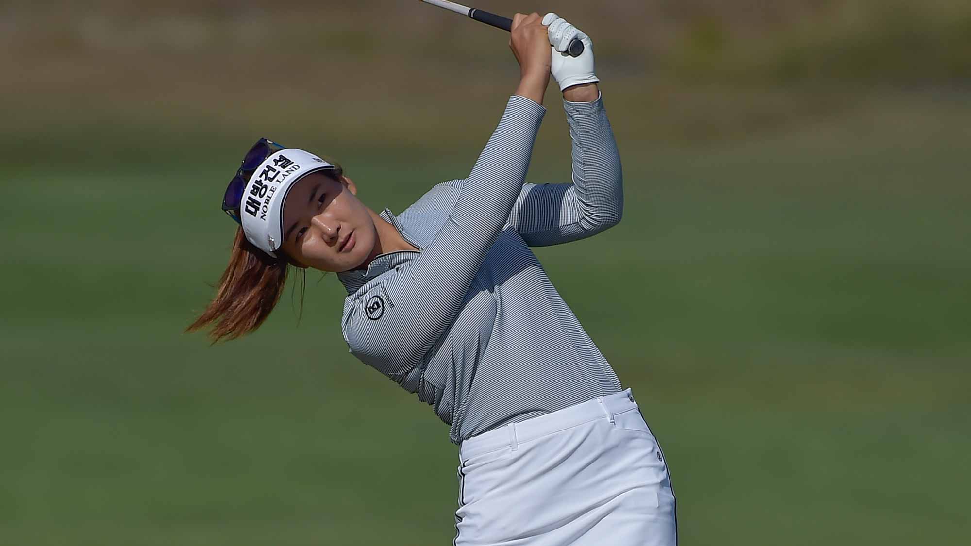 Su Oh hits a shot during the second round of the ISPS Handa Vic Open in Geelong, Australia on February 8, 2019