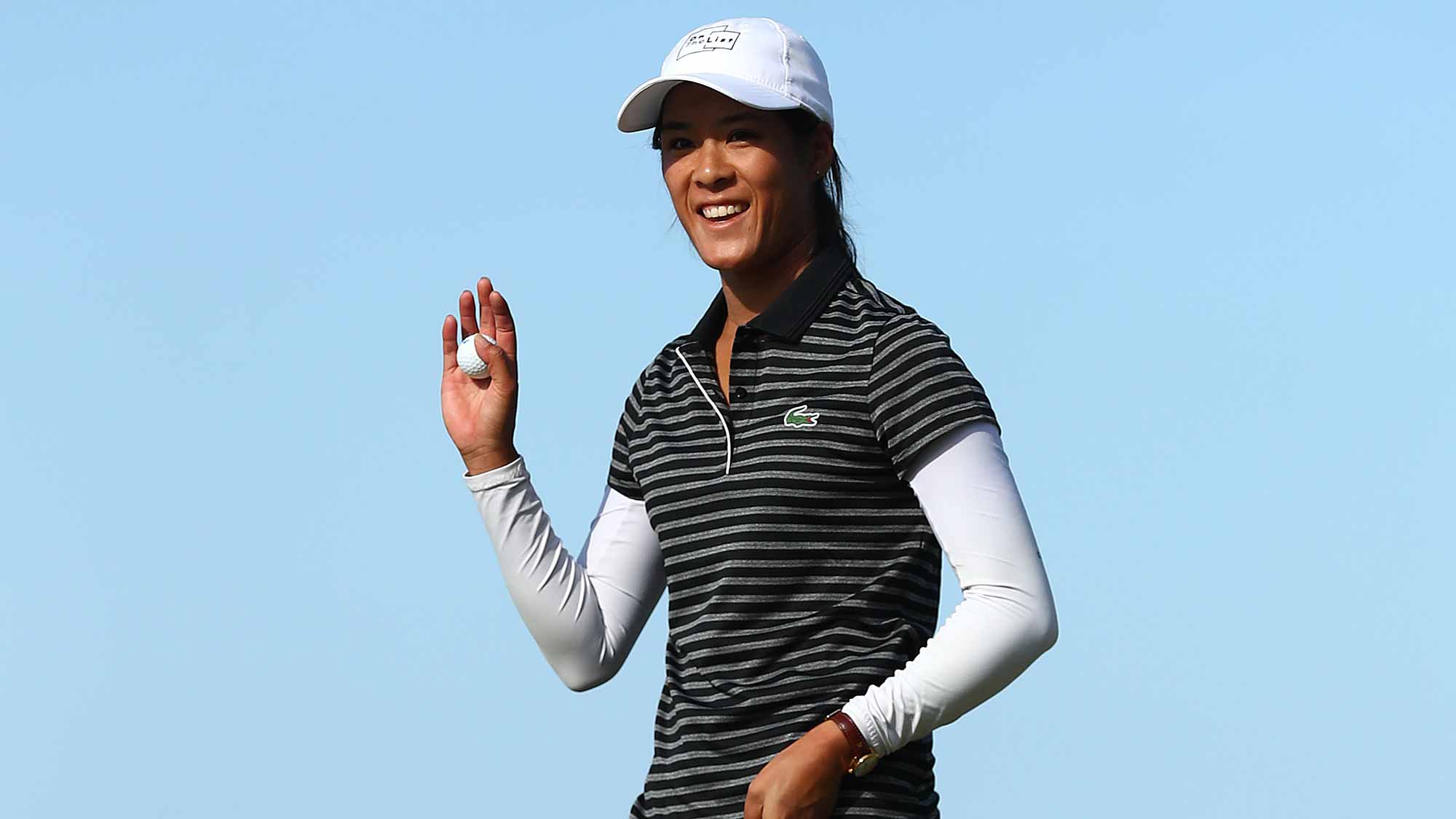 Celine Boutier of France celebrates on the 18th hole after winning on Day four of the ISPS Handa Vic Open at 13th Beach Golf Club on February 10, 2019 in Geelong, Australia