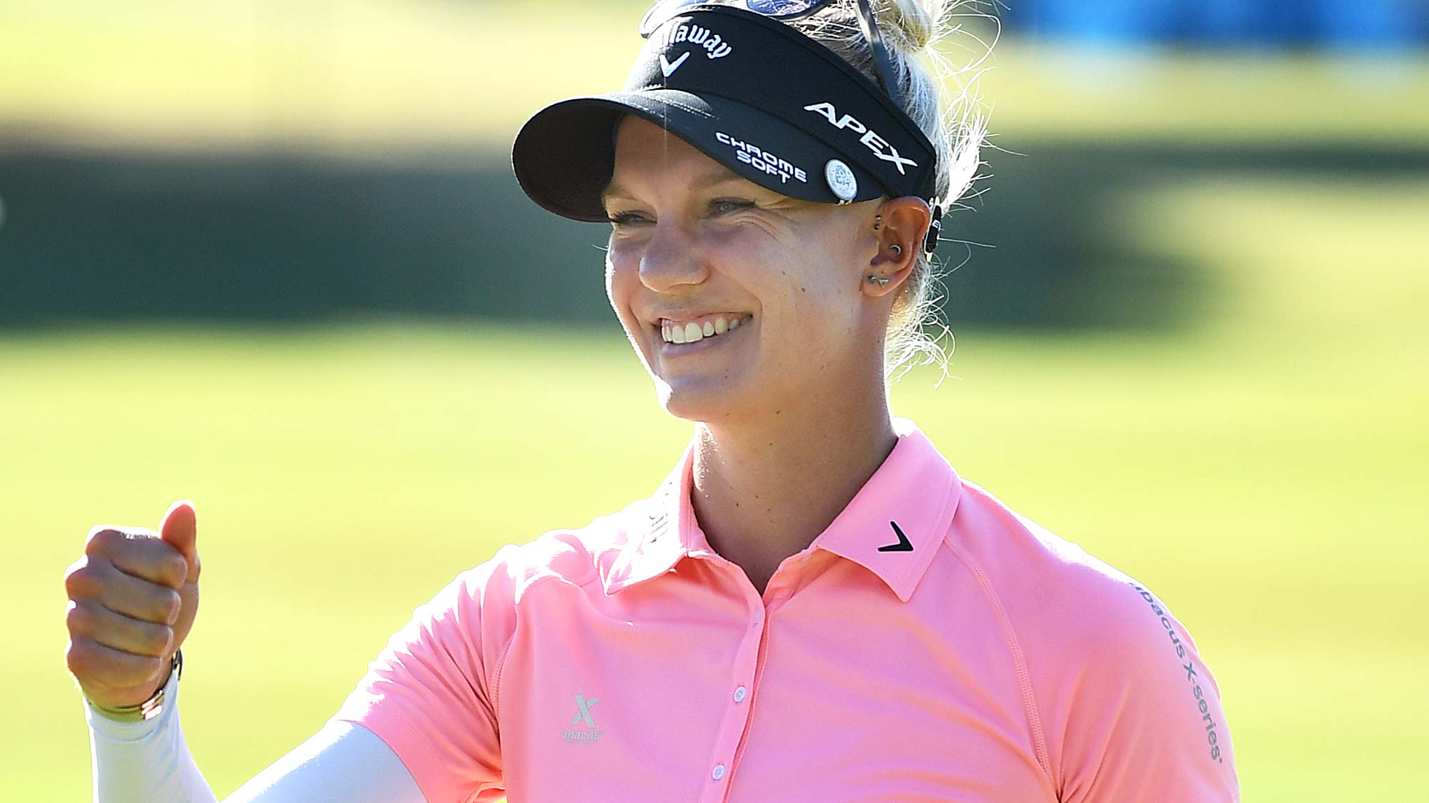 Madelene Sagstrom of Sweden fist pumps her caddie after fininshing eaqual leader during day two of the 2019 ISPS Handa Women's Australian Open 