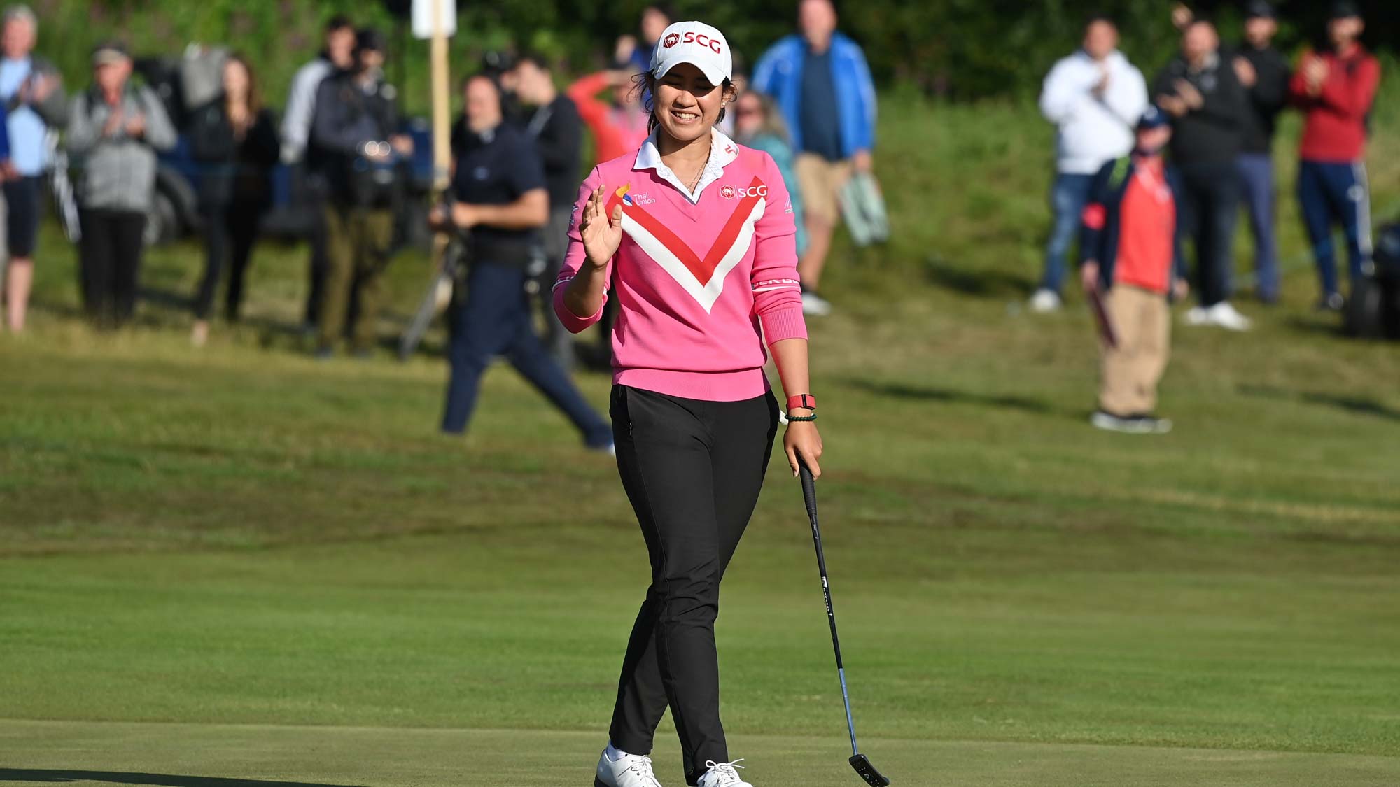 Pajaree Anannarukarn of Thailand reacts to her victory on the 18th green on the second playoff hole during the final round of the ISPS HANDA World Invitational