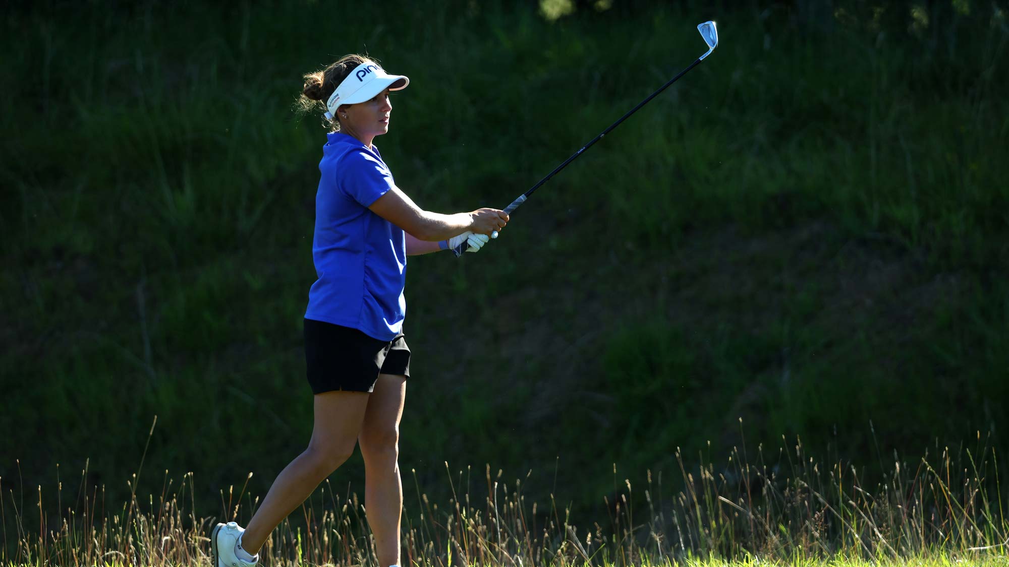 Amanda Doherty of the USA plays her second shot into the ninth green during the first round of the ISPS Handa World Invitational presented by AVIV Clinics