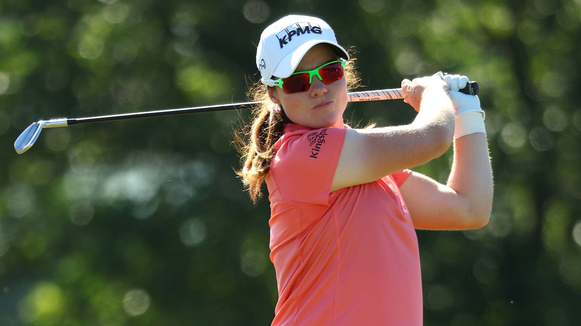 Leona Maguire of Ireland tees off on the 14th hole during the first round of the ISPS Handa World Invitational presented by AVIV Clinics