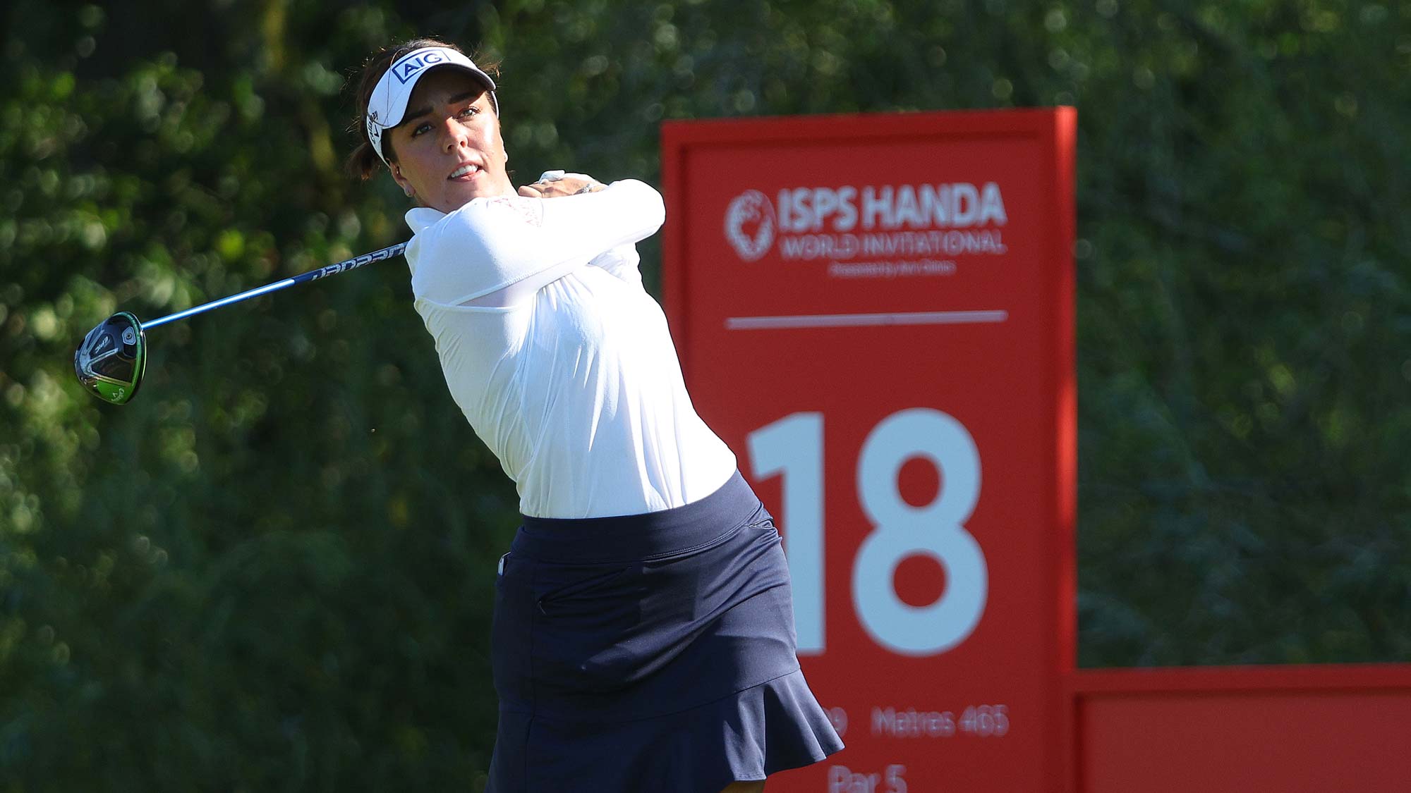 Georgia Hall of England tees off on the 18th hole during Day Three of the ISPS Handa World Invitational presented by AVIV Clinics