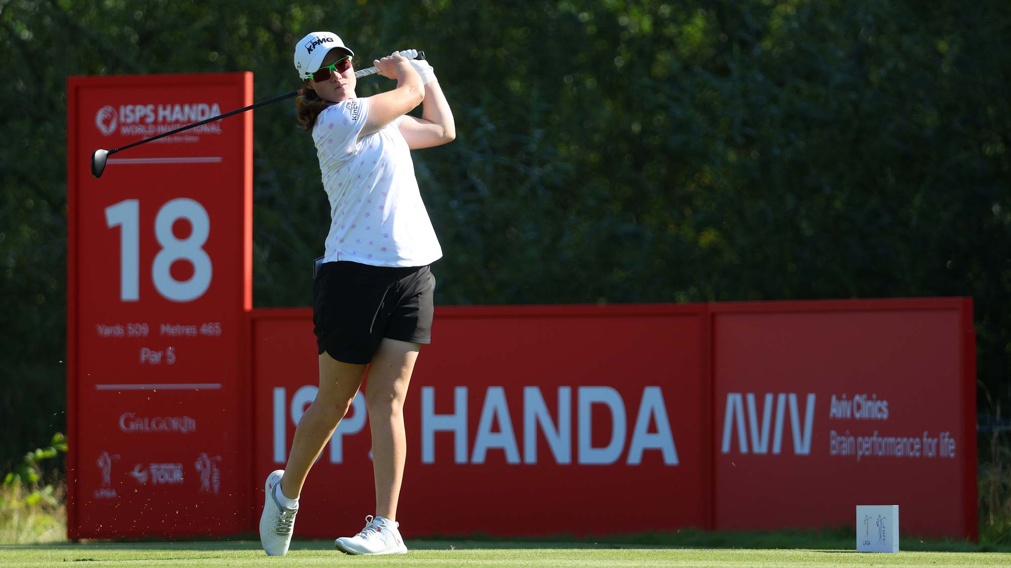 Leona Maguire of Ireland tees off on the 18th hole during Day Three of the ISPS Handa World Invitational presented by AVIV Clinics