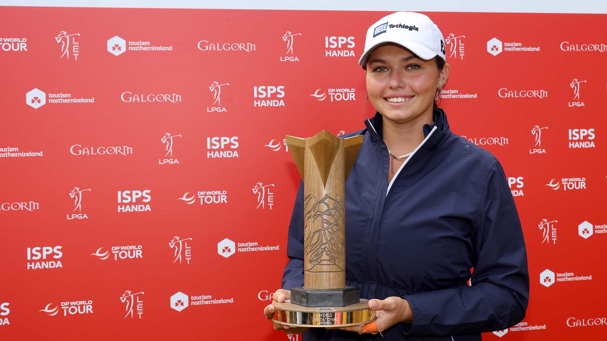 Alexa Pano of the United States poses with the trophy after winning the ISPS HANDA World Invitational presented by AVIV Clinics 2023 on the 2nd play-off hole on Day Four of the ISPS HANDA World Invitational presented by AVIV Clinics at Galgorm Castle Golf Club