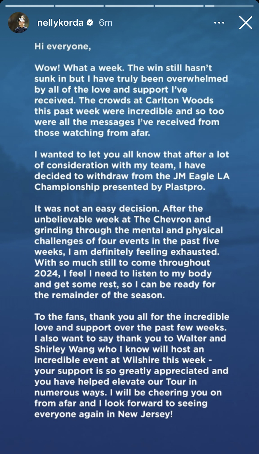 Anuncio de Nellie Korda sobre el campeonato JM Eagle LA presentado por Plastpro Withdrawal |  LPGA