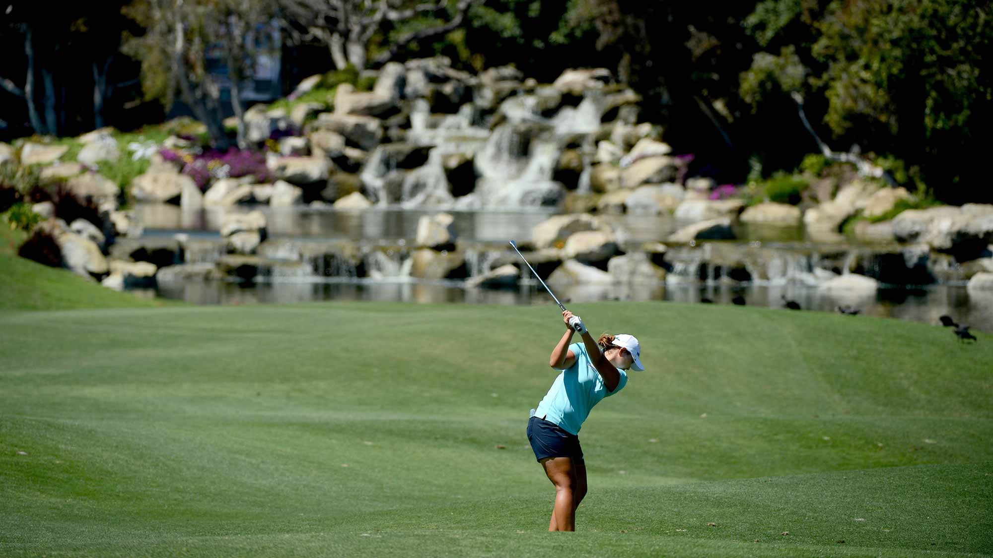 Mirim Lee of South Korea hits her approach shot on the 18th fairway during Round Two of the LPGA KIA Classic at the Aviara Golf Club