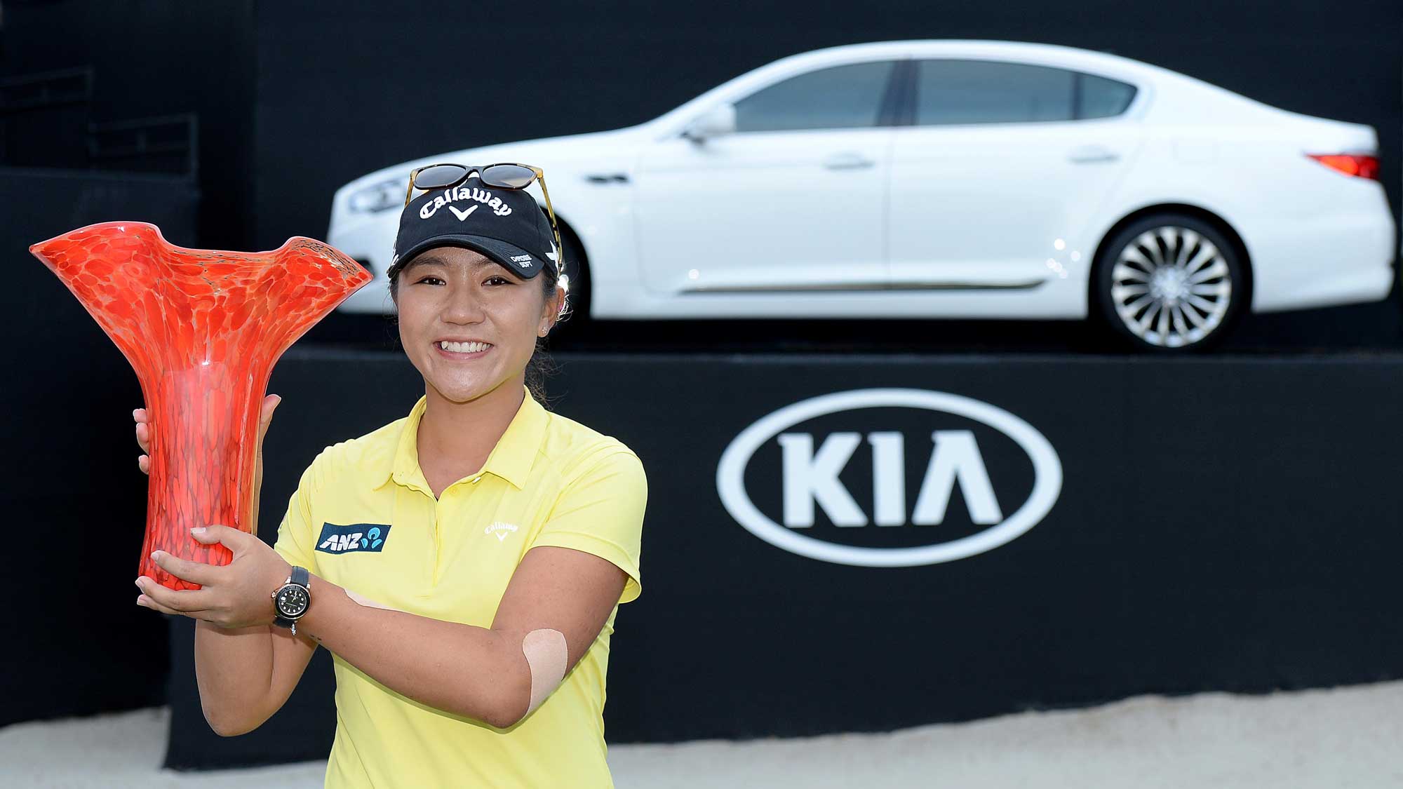  Lydia Ko of New Zealand holds the winners trophy after her -19 under victory during the Final Round of the KIA Classic