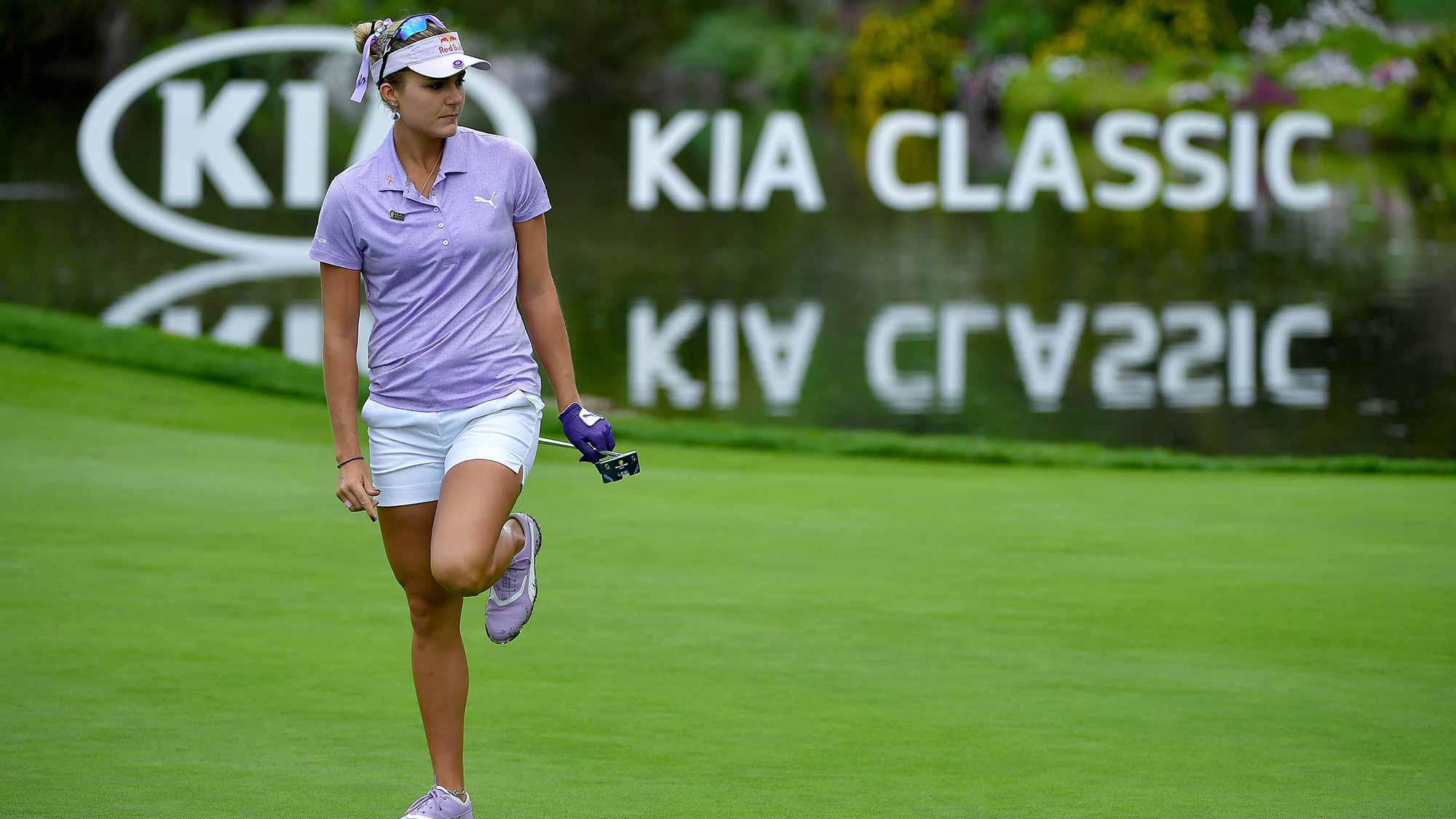 Lexi Thompson reacts to birdie putt attempt on the 16th green during Round Two of the LPGA KIA CLASSIC at the Park Hyatt Aviara golf course on March 23, 2018 in Carlsbad, California