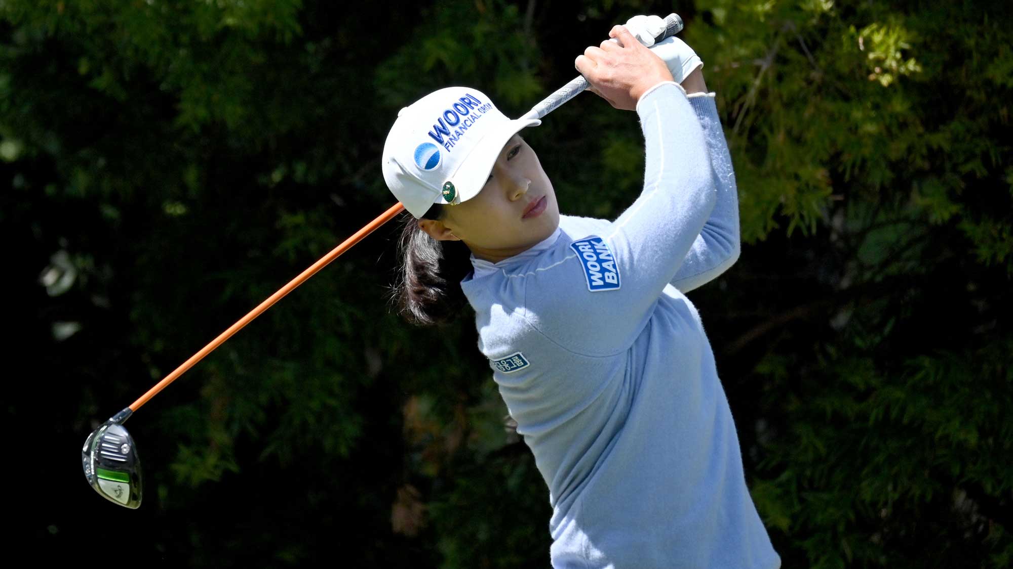 Amy Yang of South Korea tees off the 10th hole during the Round Two of the KIA Classic at the Aviara Golf Club on March 26, 2021 in Carlsbad, California. 